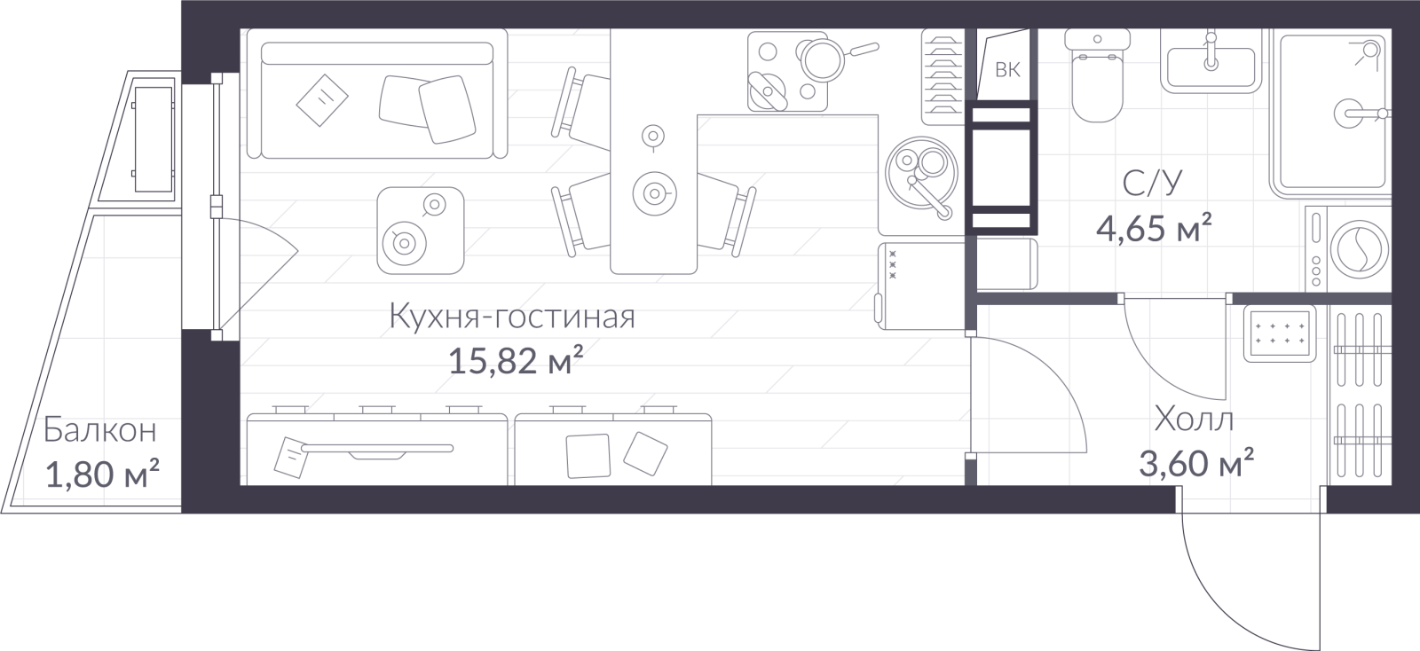 Планировка: студия, 24,6 м²