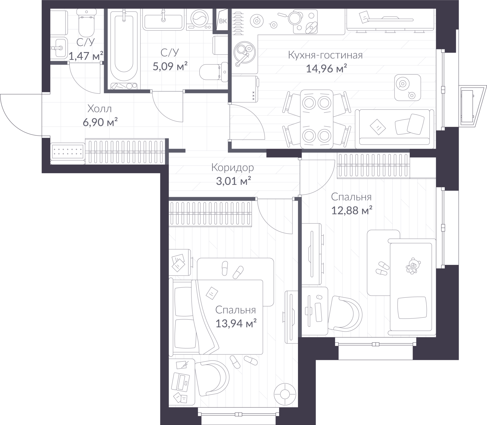Планировка: 3-комнатная квартира, 58,3 м²