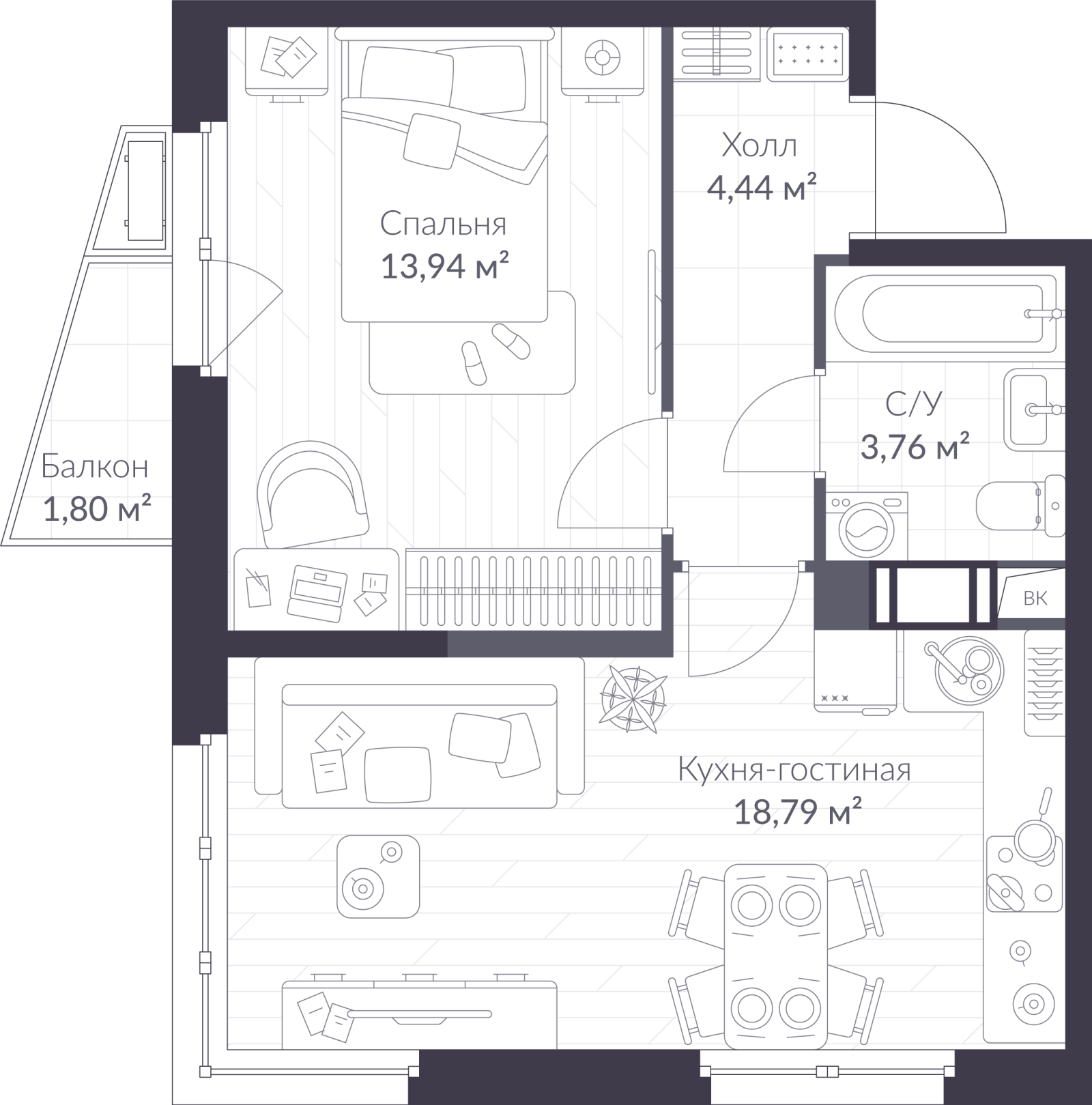 Планировка: 2-комнатная квартира, 41,5 м²