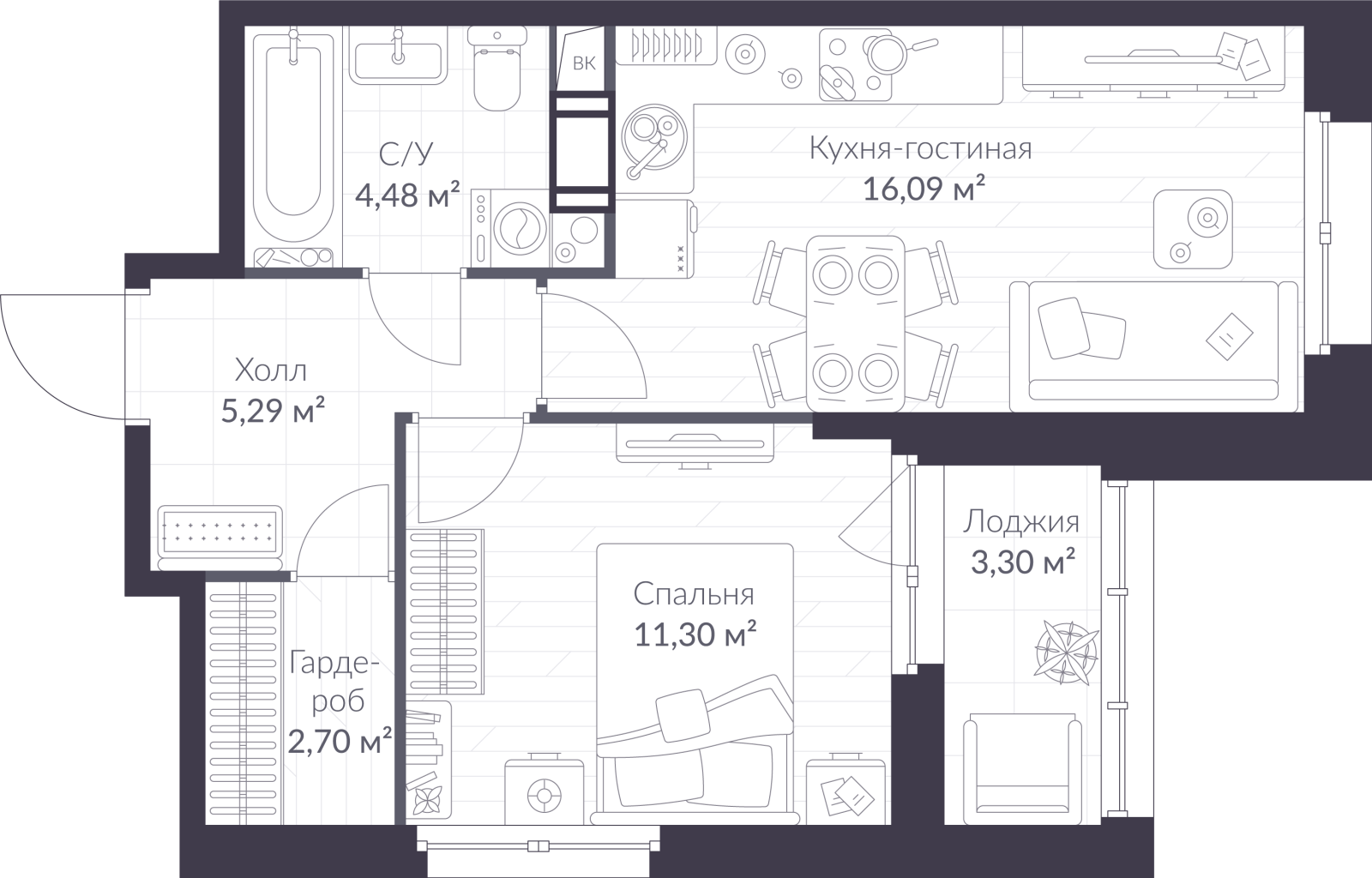 Планировка: 2-комнатная квартира, 41,5 м²