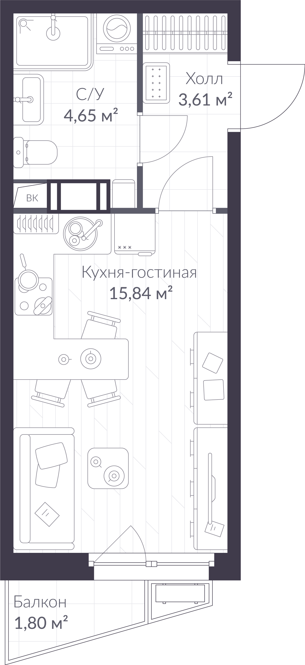 Планировка: студия, 24,6 м²