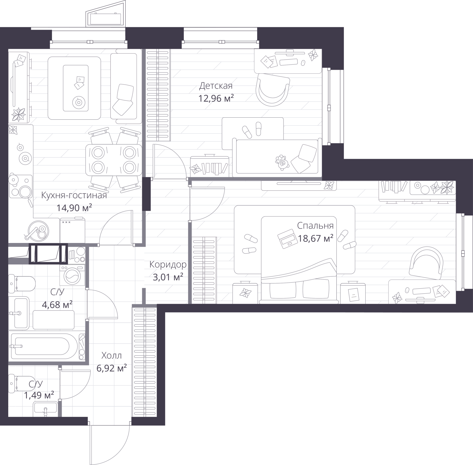 Планировка: 3-комнатная квартира, 62,8 м²