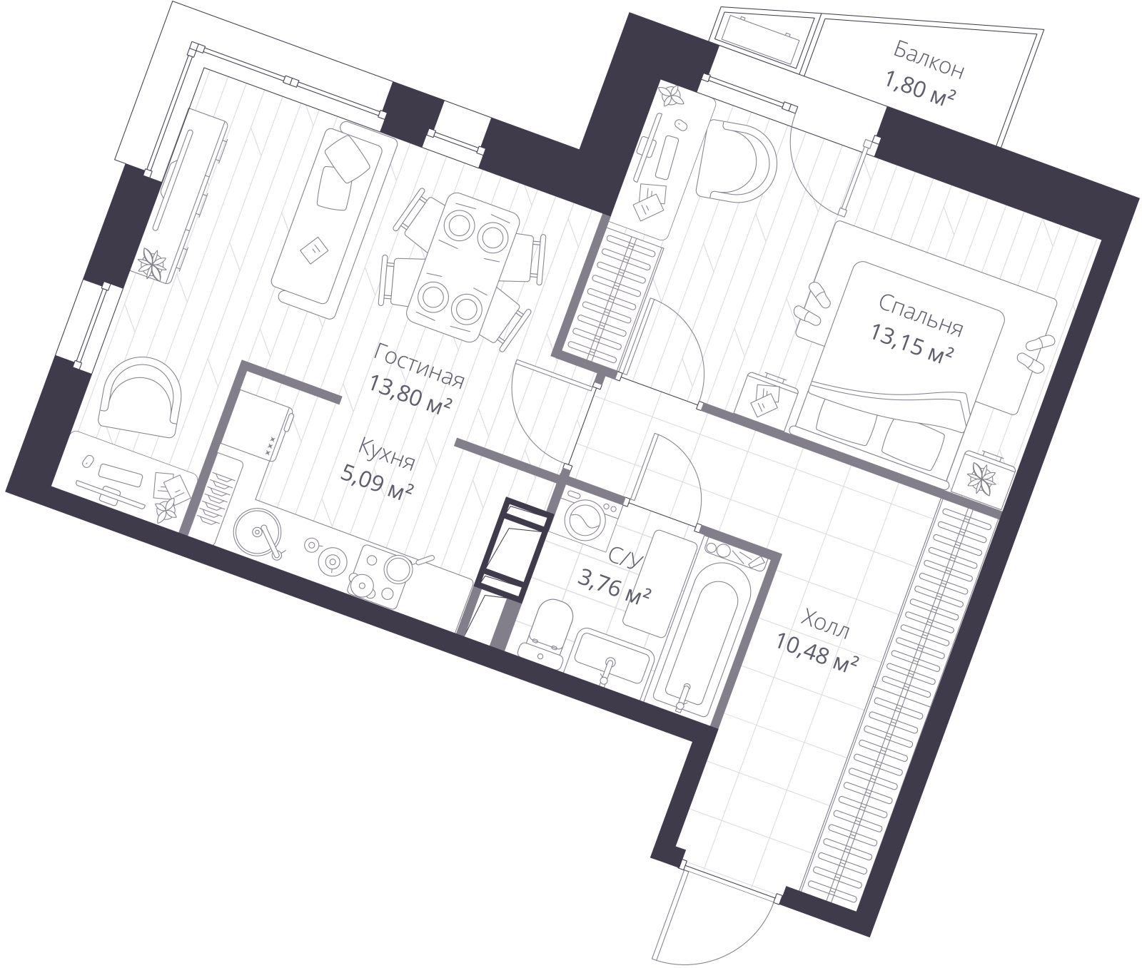 Планировка: 2-комнатная квартира, 46,8 м²