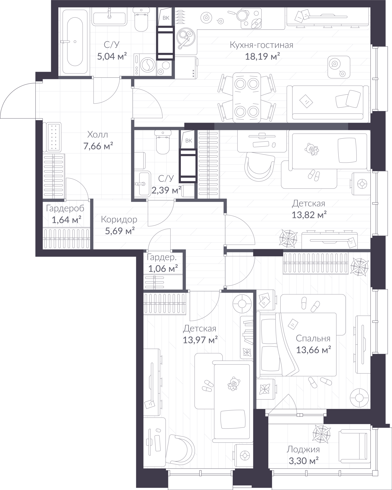 Планировка: 4-комнатная квартира, 84,8 м²