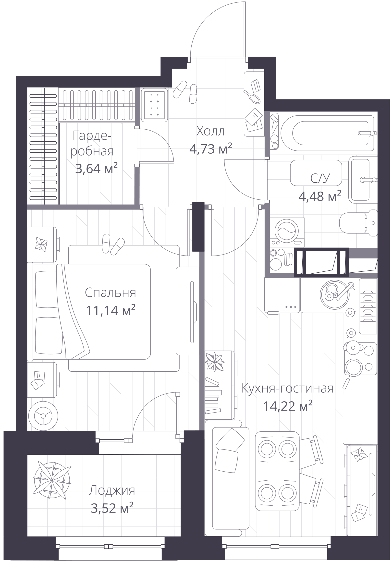 Планировка: 2-комнатная квартира, 40,2 м²