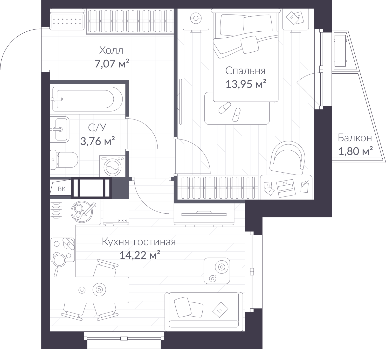 Планировка: 2-комнатная квартира, 39,5 м²