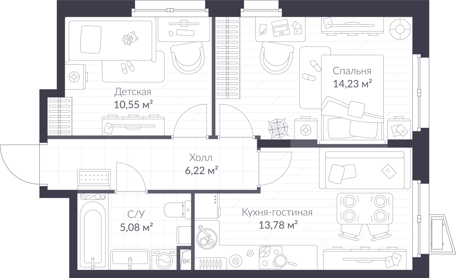 Планировка: 3-комнатная квартира, 49,9 м²
