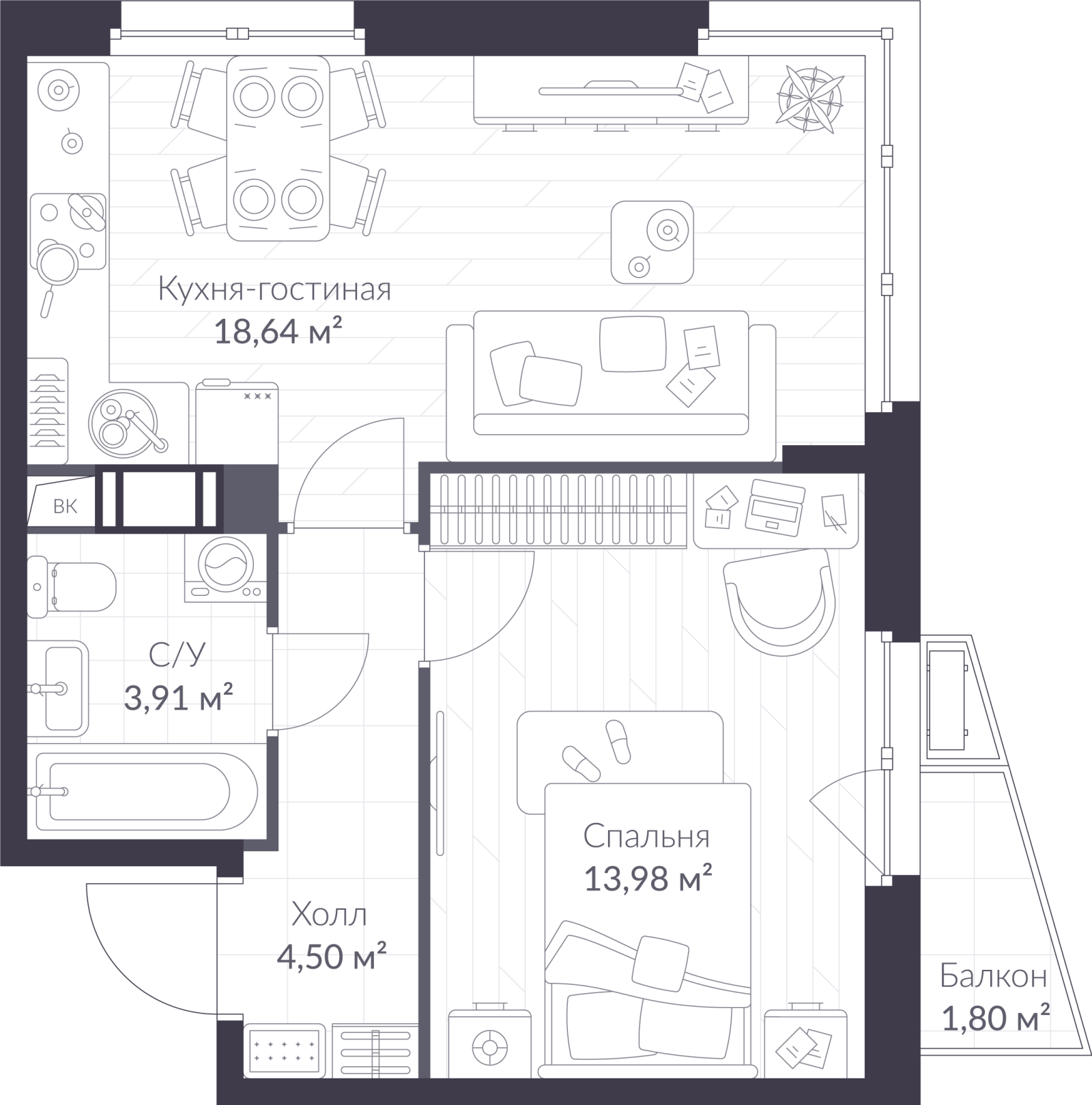 Планировка: 2-комнатная квартира, 41,6 м²