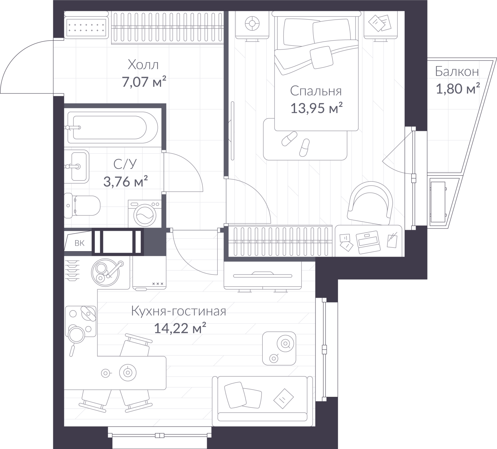 Планировка: 2-комнатная квартира, 39,5 м²