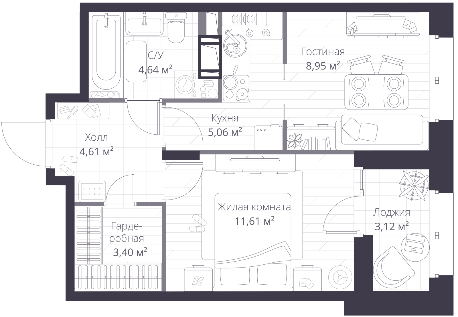 Планировка: 2-комнатная квартира, 39,7 м²