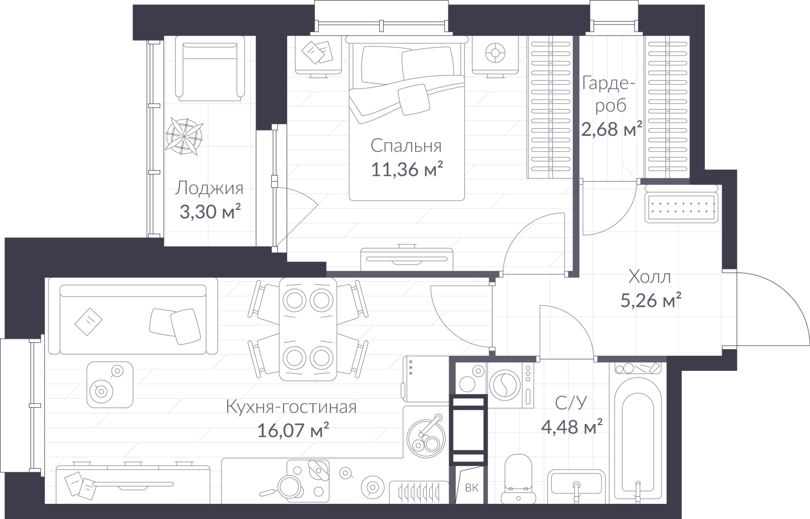 Планировка: 2-комнатная квартира, 41,5 м²