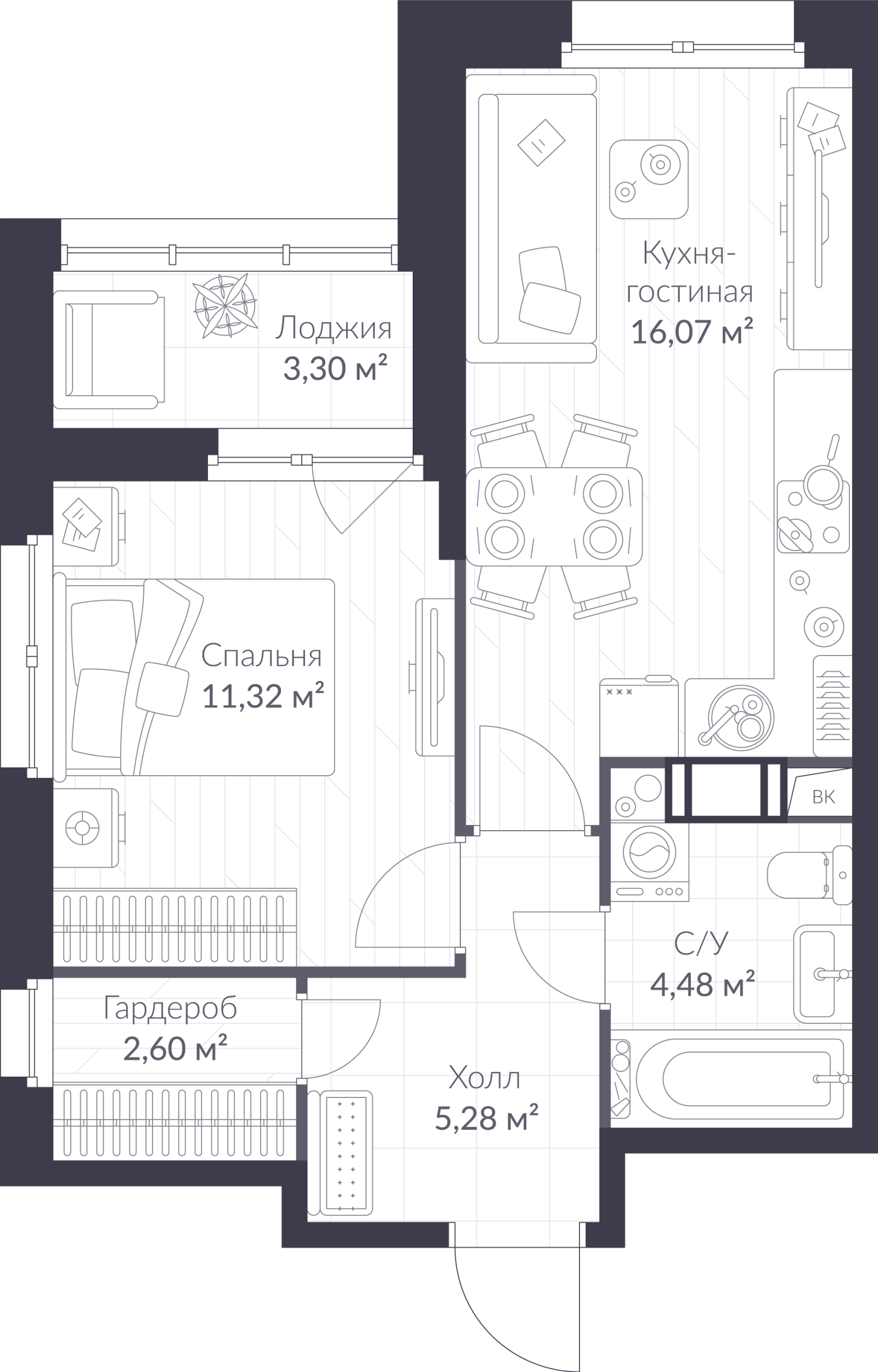 Планировка: 2-комнатная квартира, 41,4 м²