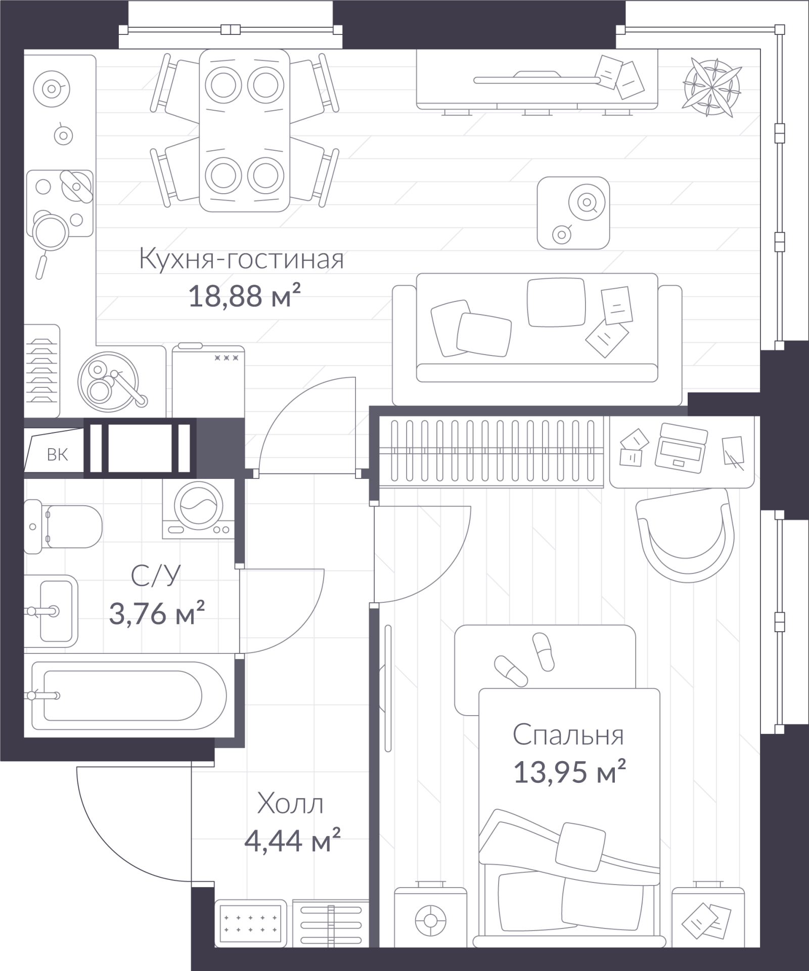 Планировка: 2-комнатная квартира, 41,0 м²