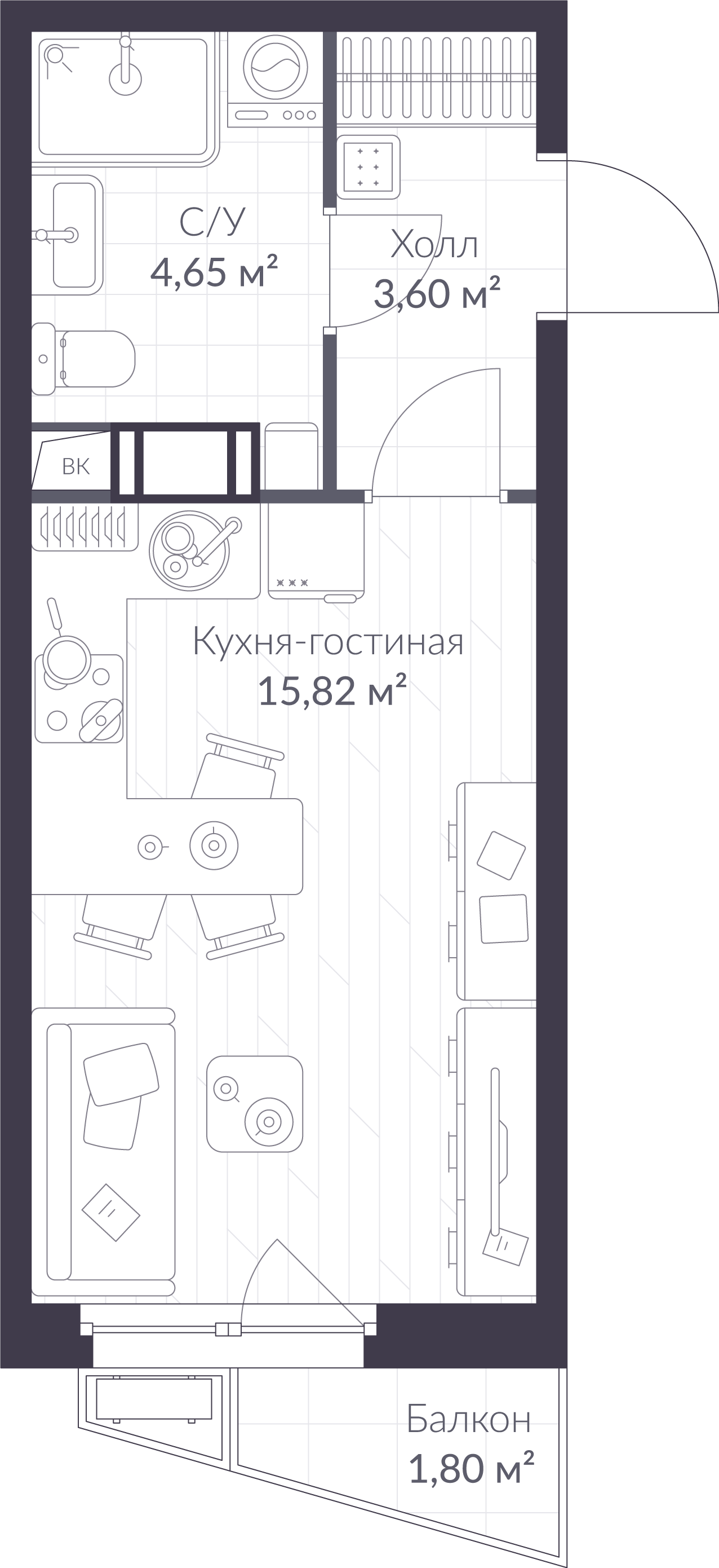 Планировка: студия, 24,6 м²