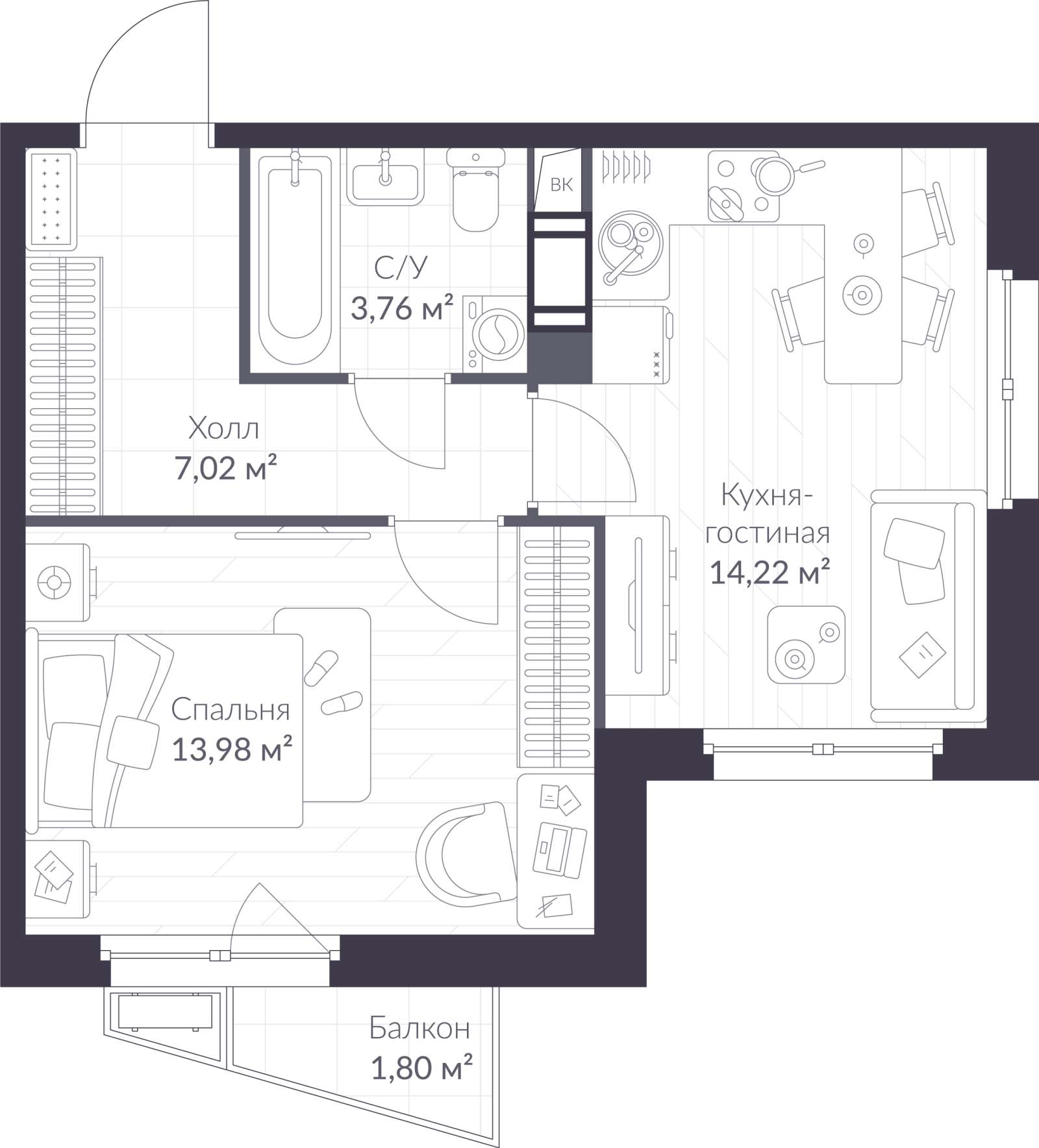 Планировка: 2-комнатная квартира, 39,5 м²