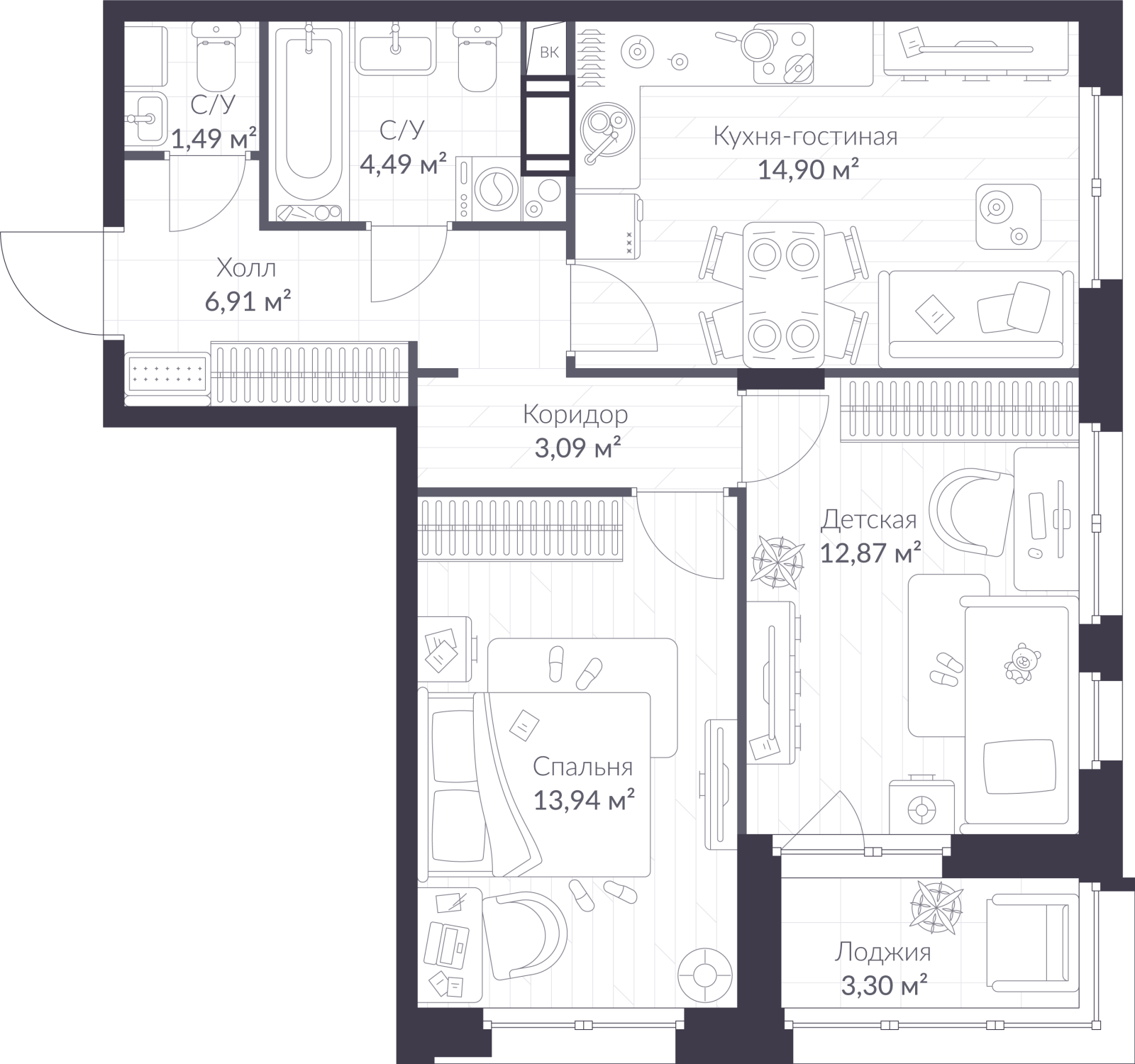 Планировка: 3-комнатная квартира, 59,3 м²