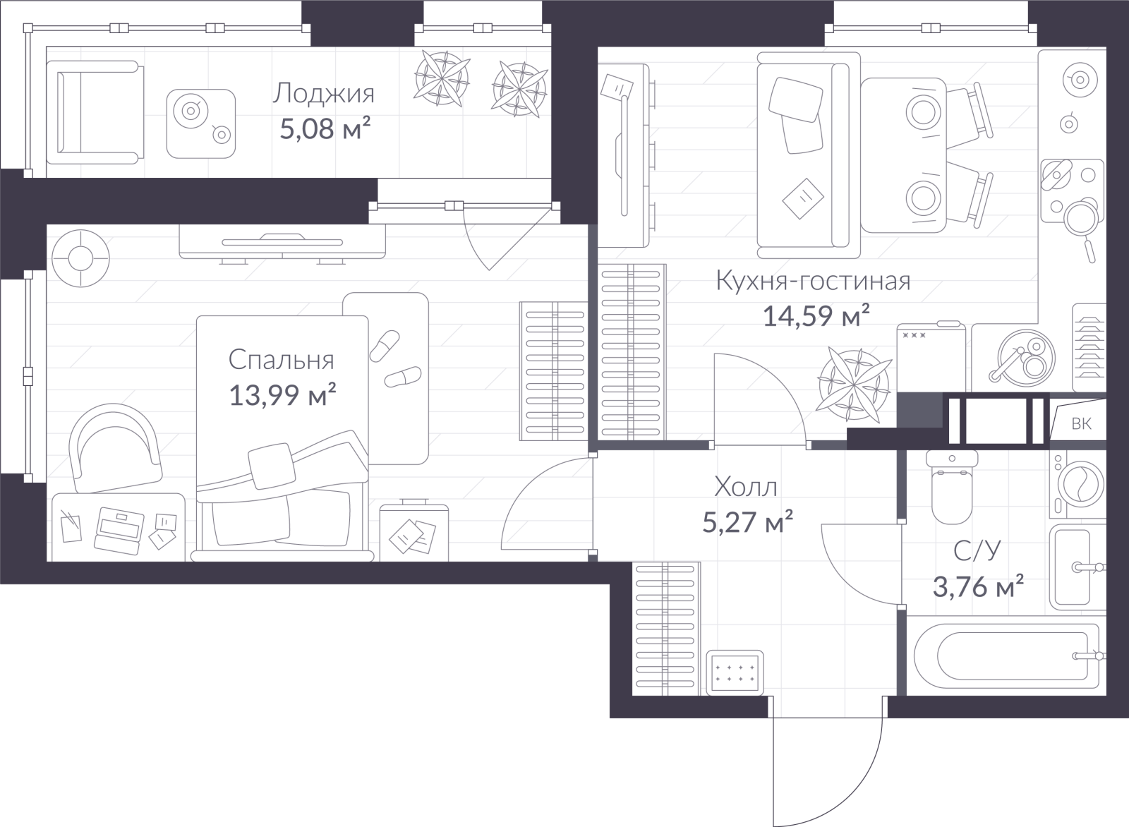 Планировка: 2-комнатная квартира, 40,2 м²