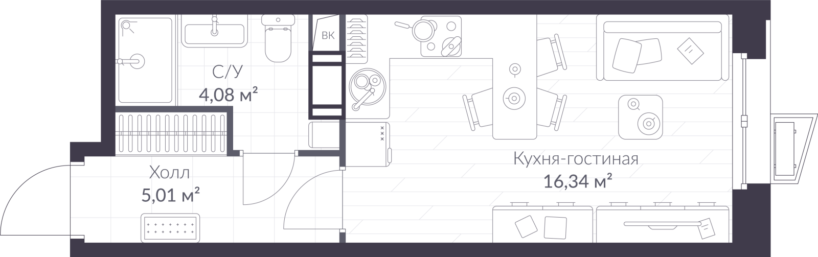 Планировка: студия, 25,4 м²
