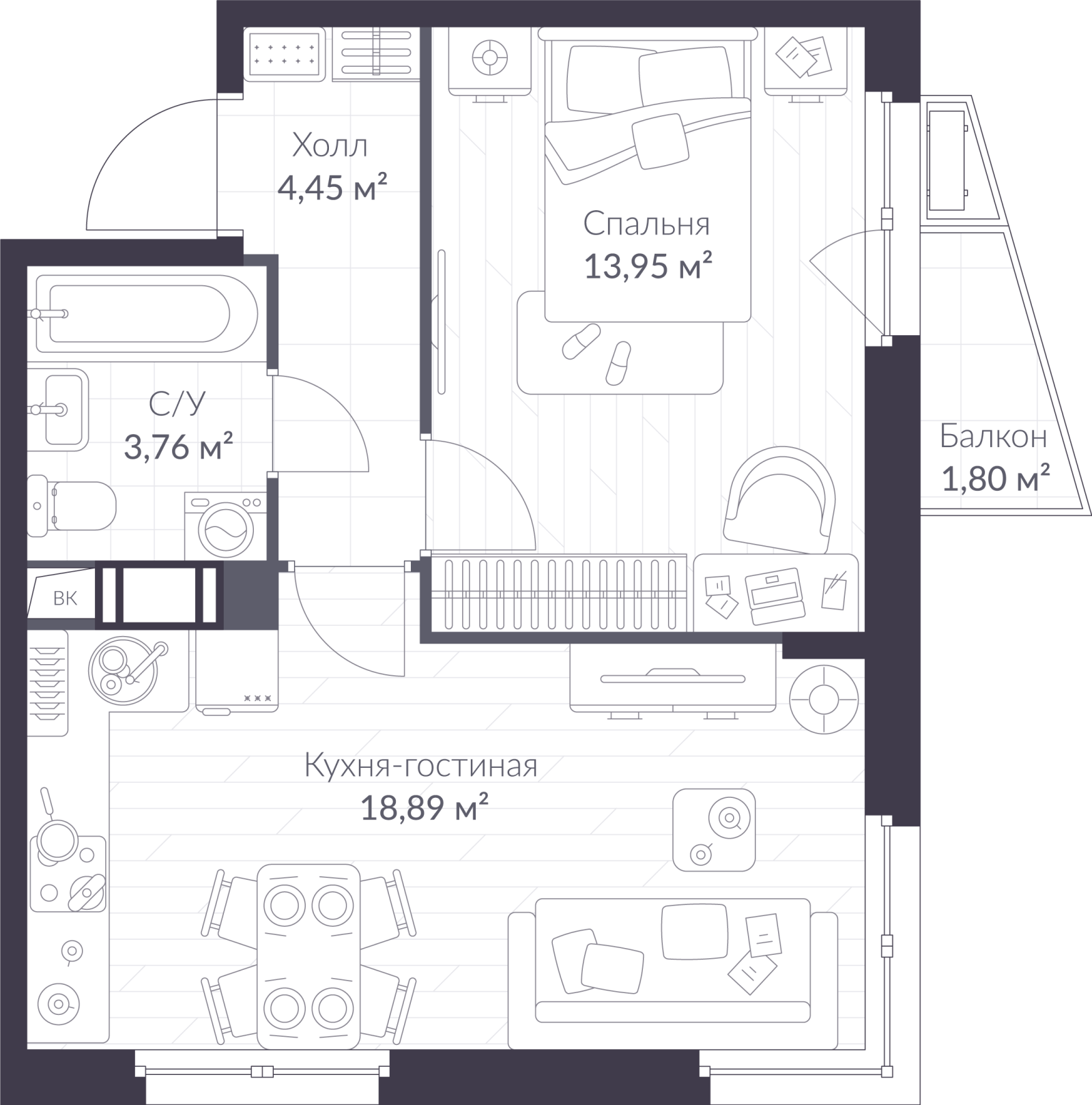 Планировка: 2-комнатная квартира, 41,6 м²