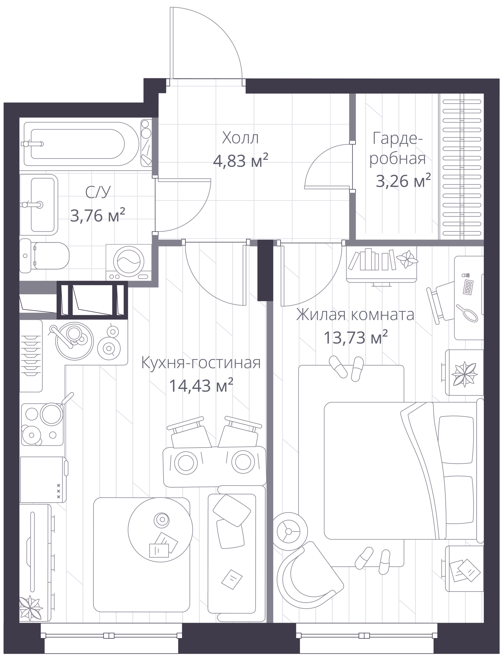Планировка: 2-комнатная квартира, 40,3 м²