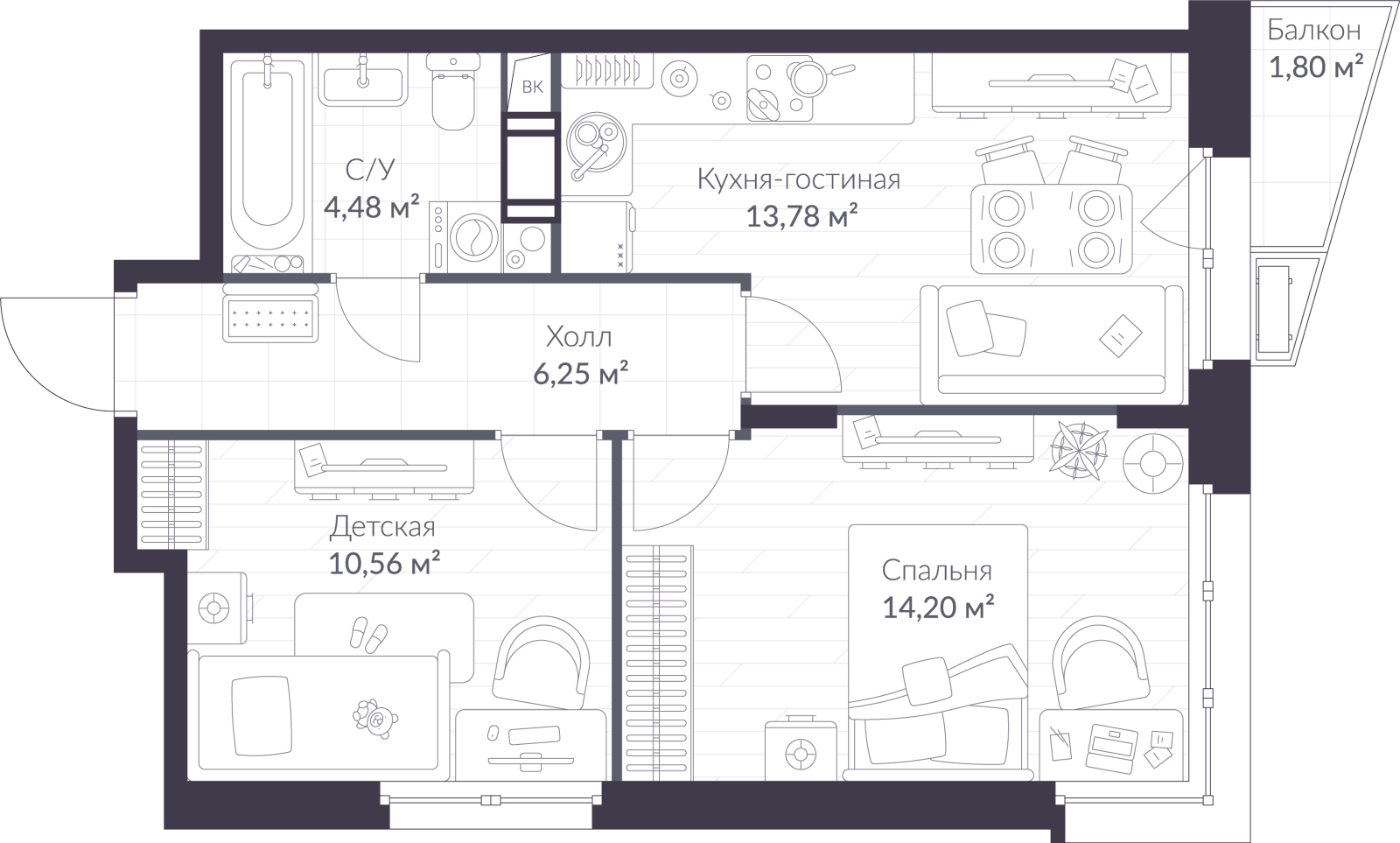 Планировка: 3-комнатная квартира, 49,8 м²