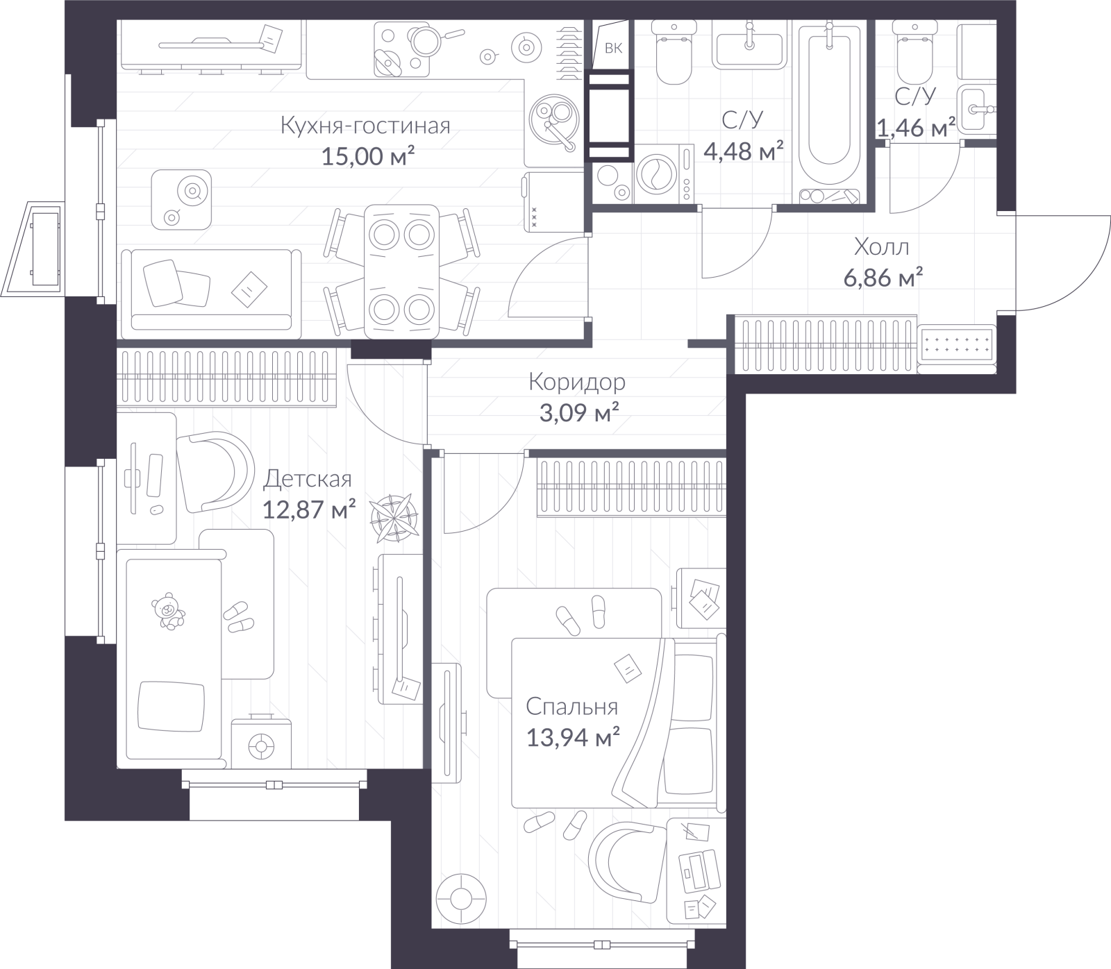 Планировка: 3-комнатная квартира, 57,7 м²