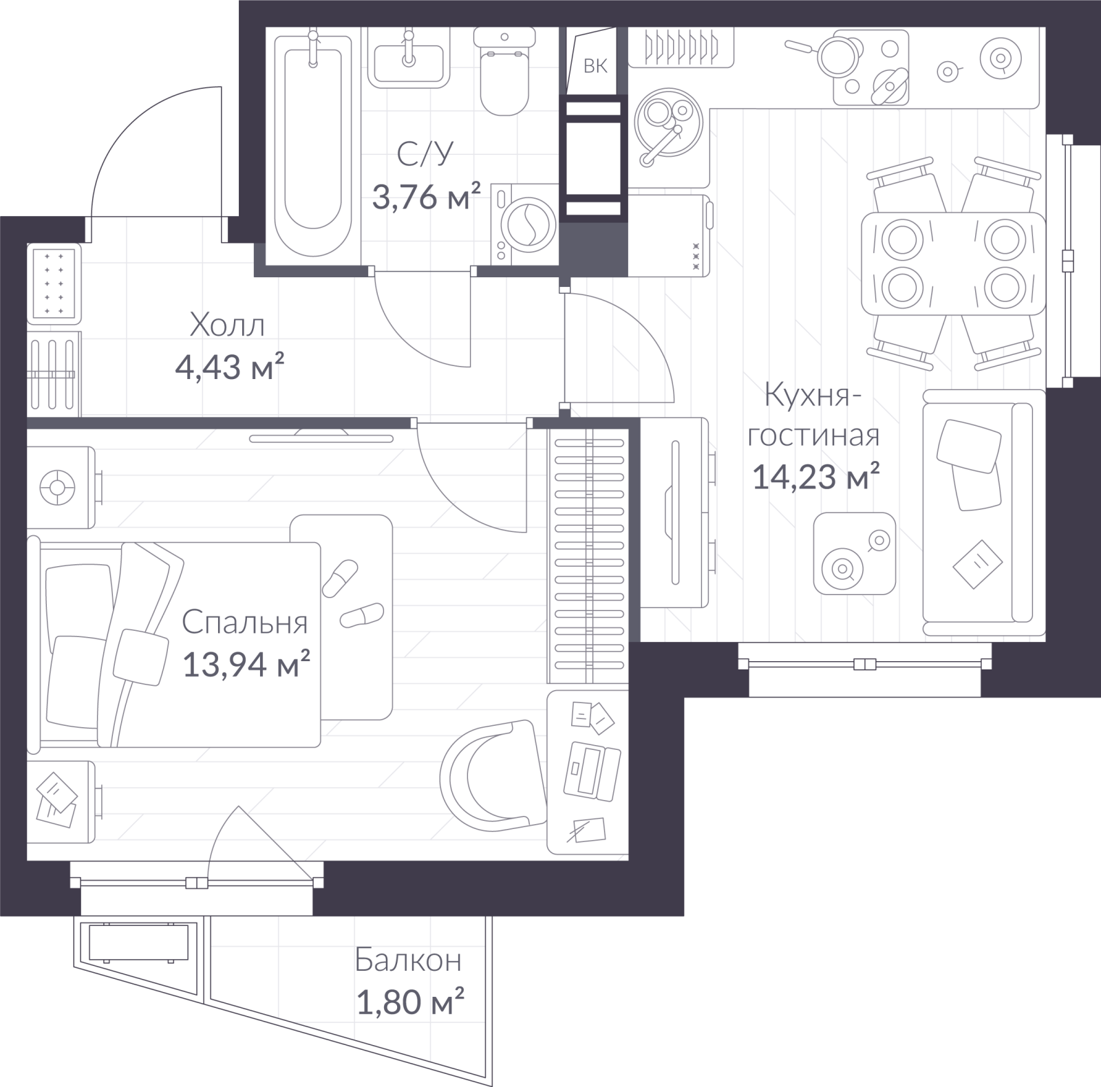 Планировка: 2-комнатная квартира, 36,9 м²