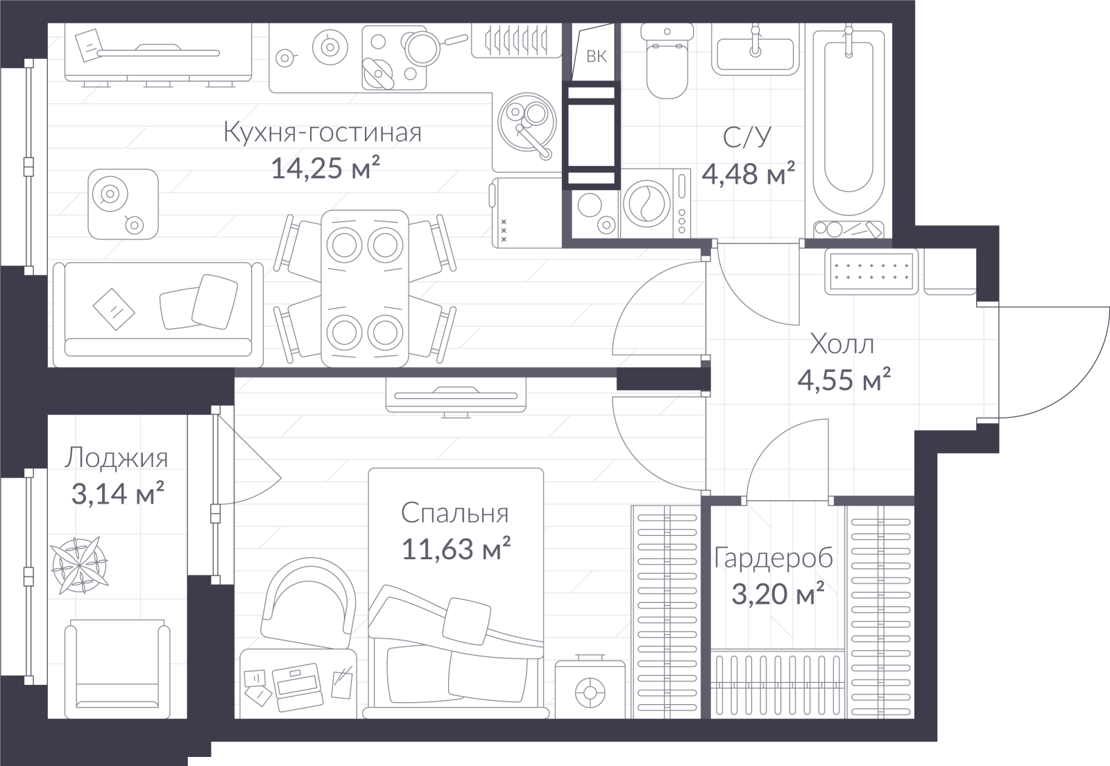 Планировка: 2-комнатная квартира, 39,7 м²
