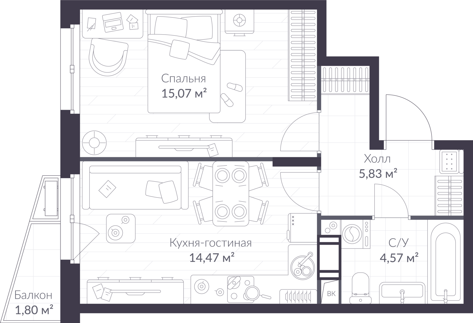 Планировка: 2-комнатная квартира, 40,5 м²