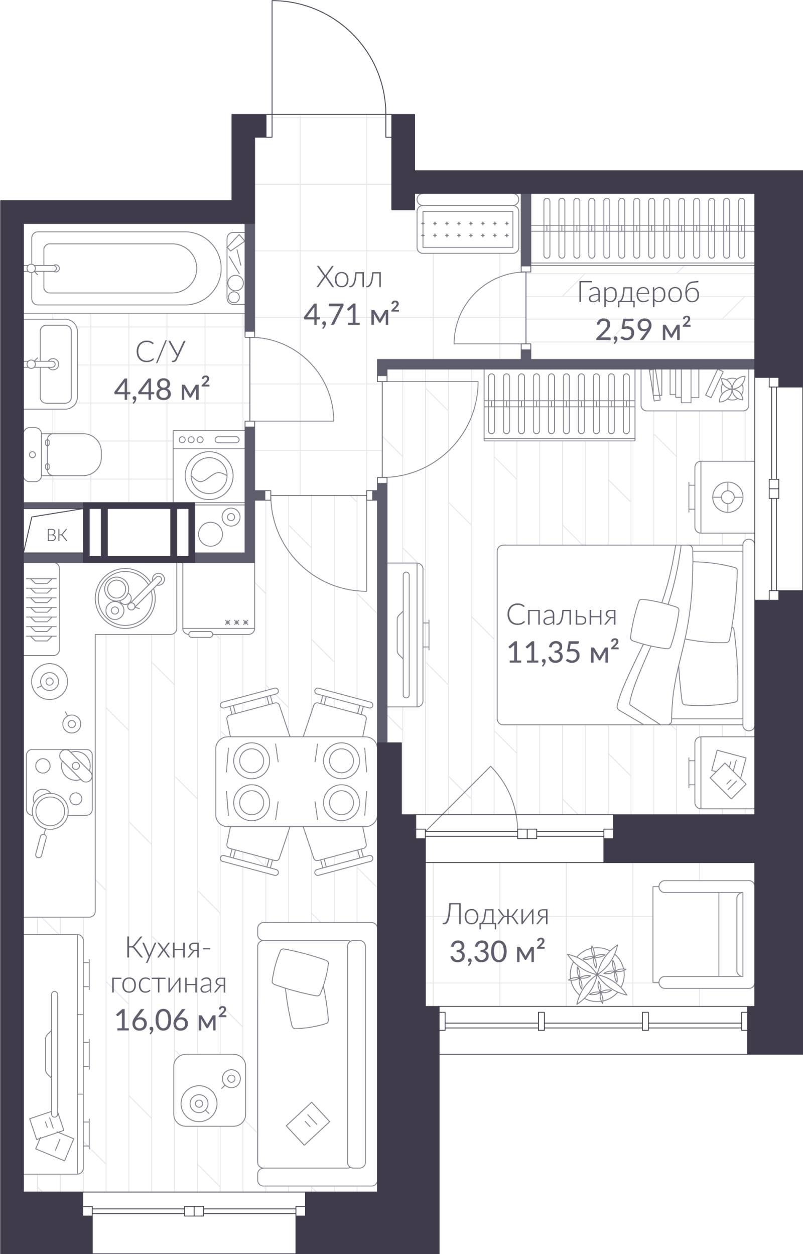Планировка: 2-комнатная квартира, 40,8 м²