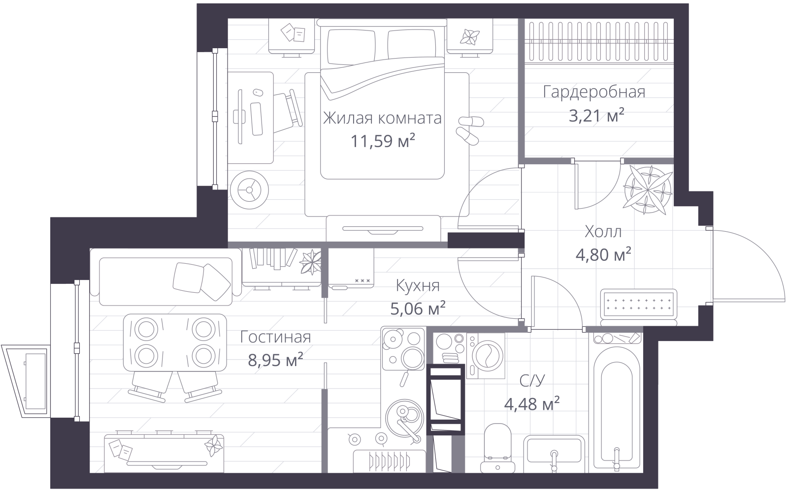 Планировка: 2-комнатная квартира, 38,4 м²