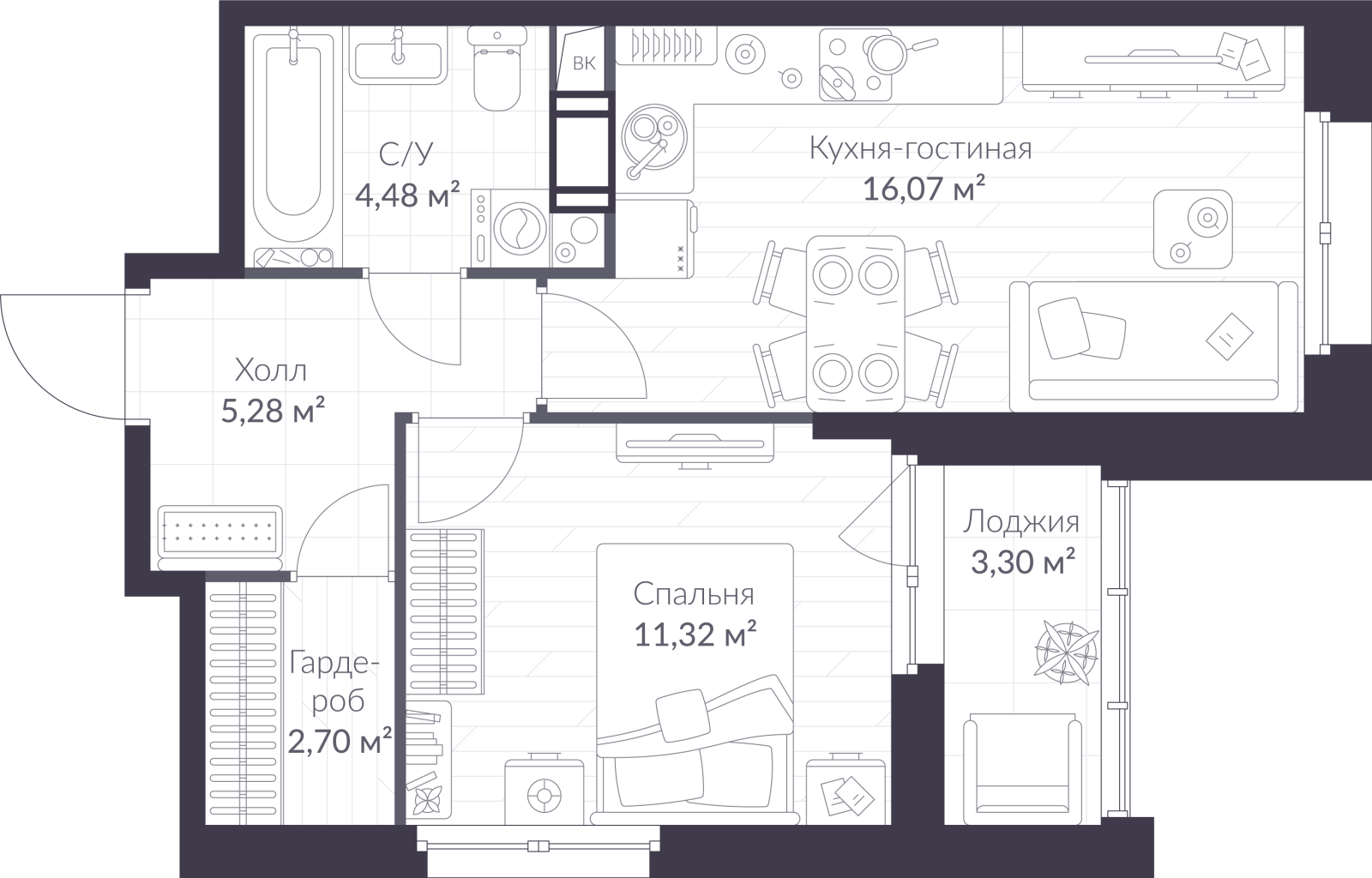 Планировка: 2-комнатная квартира, 41,5 м²