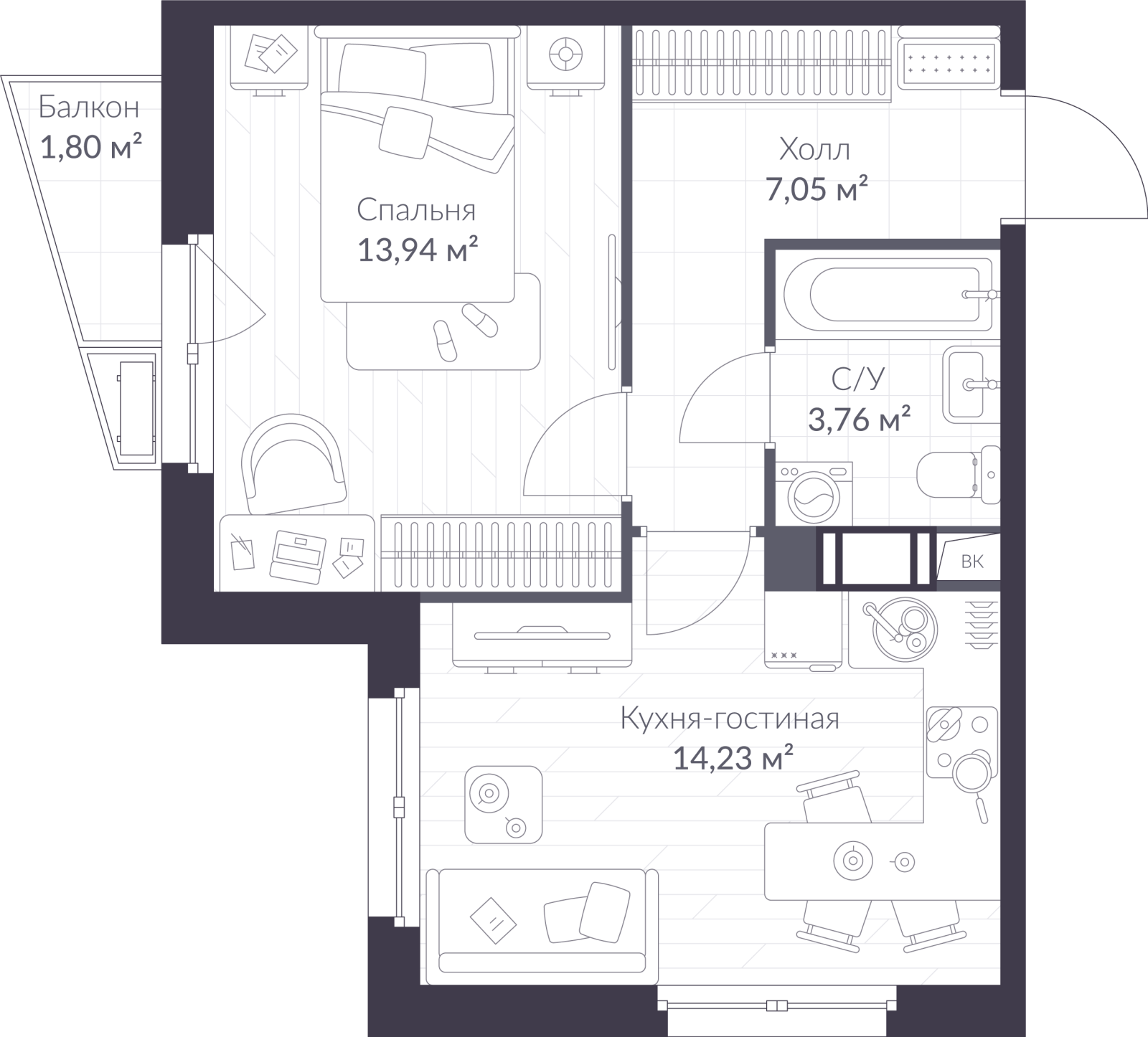 Планировка: 2-комнатная квартира, 39,5 м²