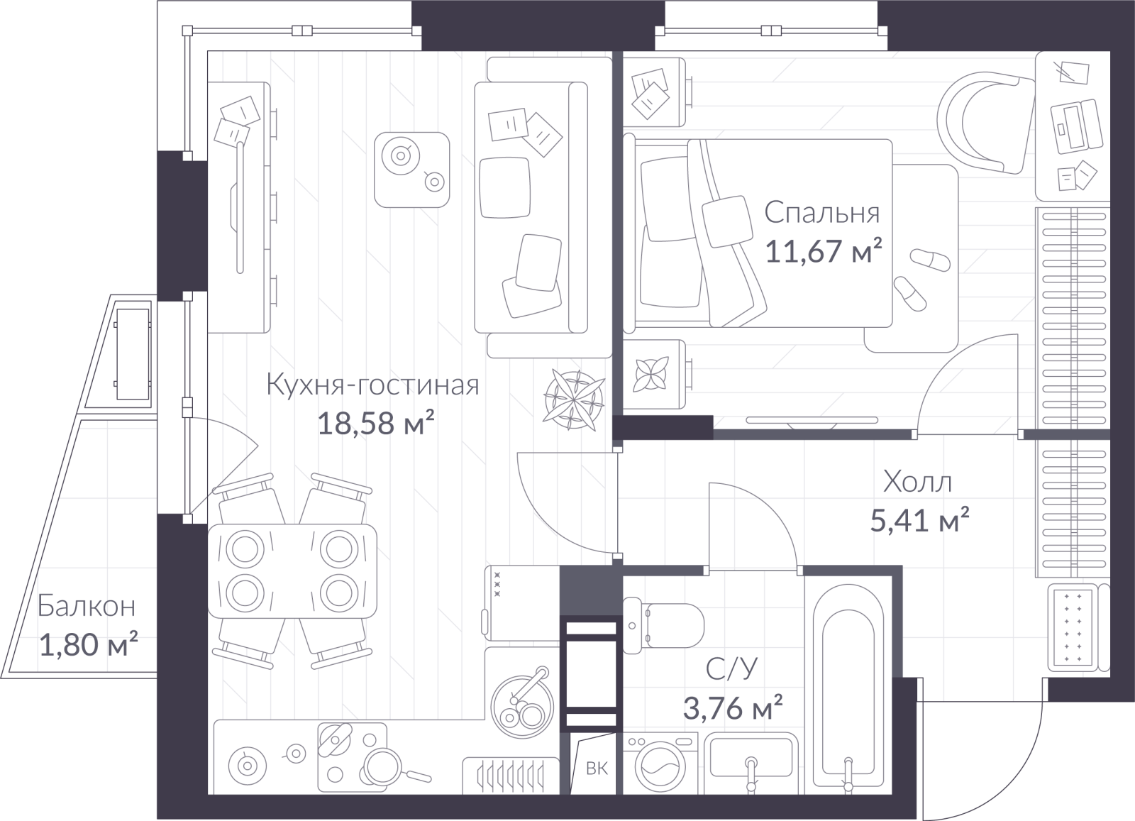 Планировка: 2-комнатная квартира, 40,0 м²