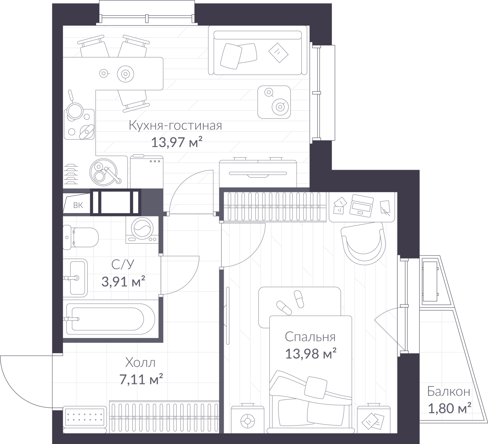 Планировка: 2-комнатная квартира, 39,5 м²