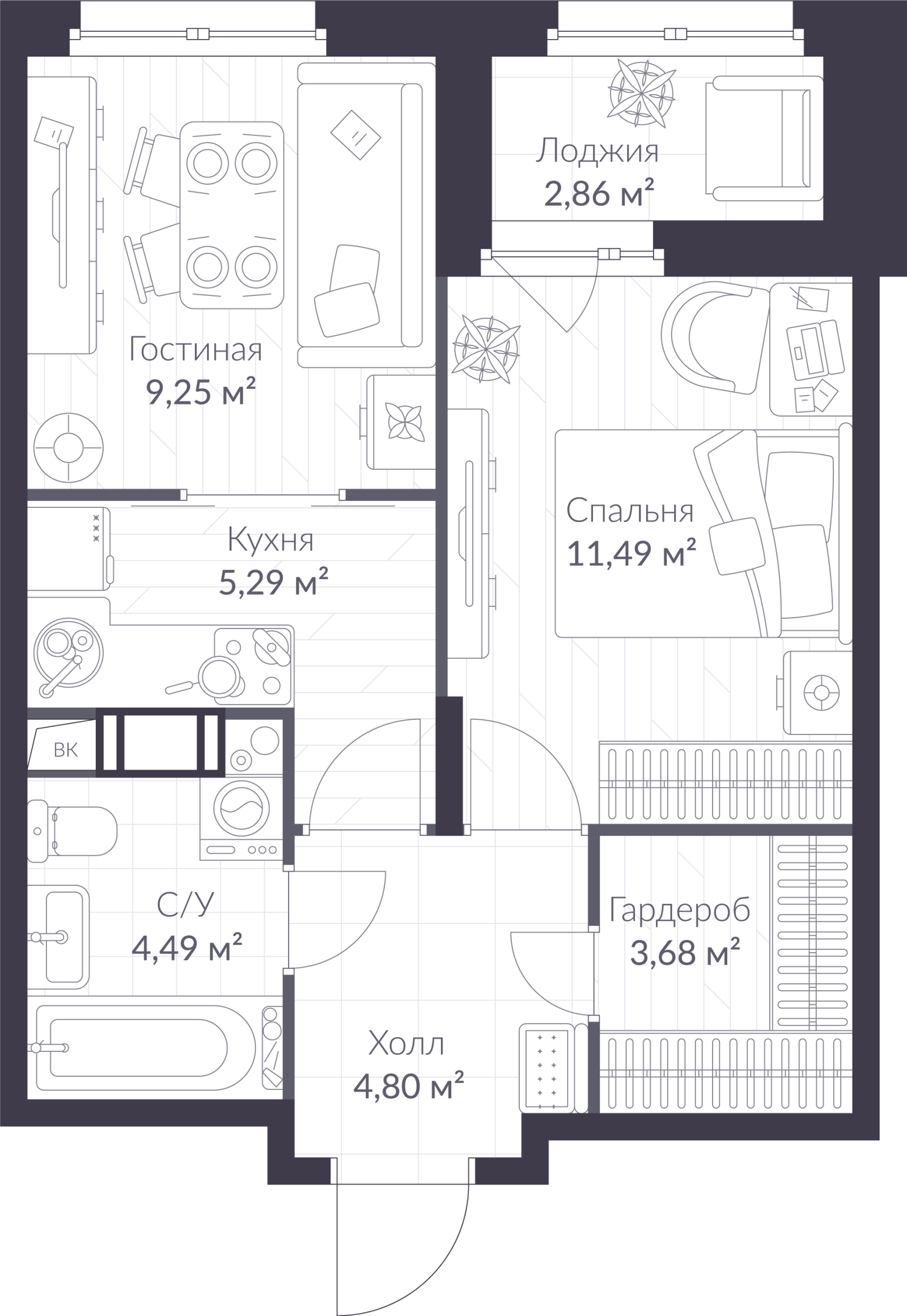 Планировка: 2-комнатная квартира, 40,4 м²