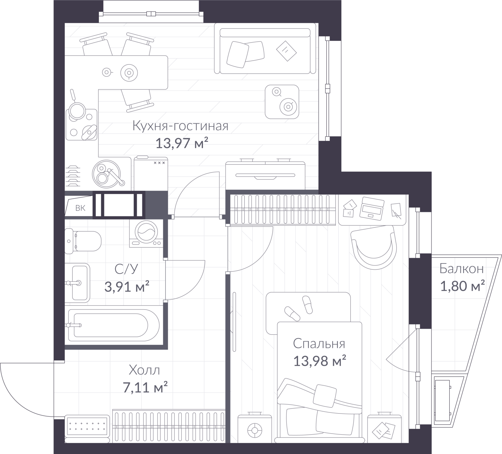 Планировка: 2-комнатная квартира, 39,5 м²