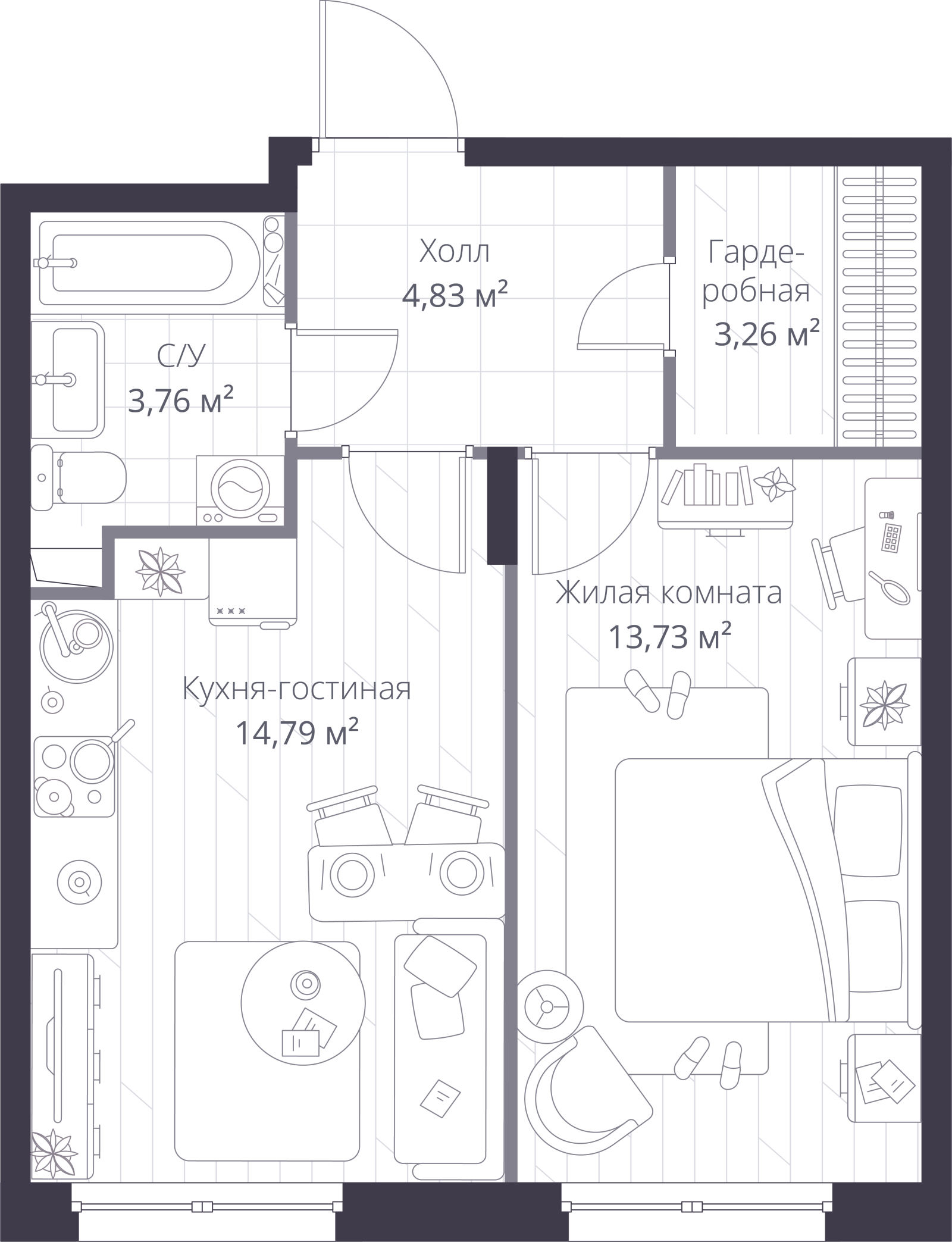 Планировка: 2-комнатная квартира, 40,4 м²