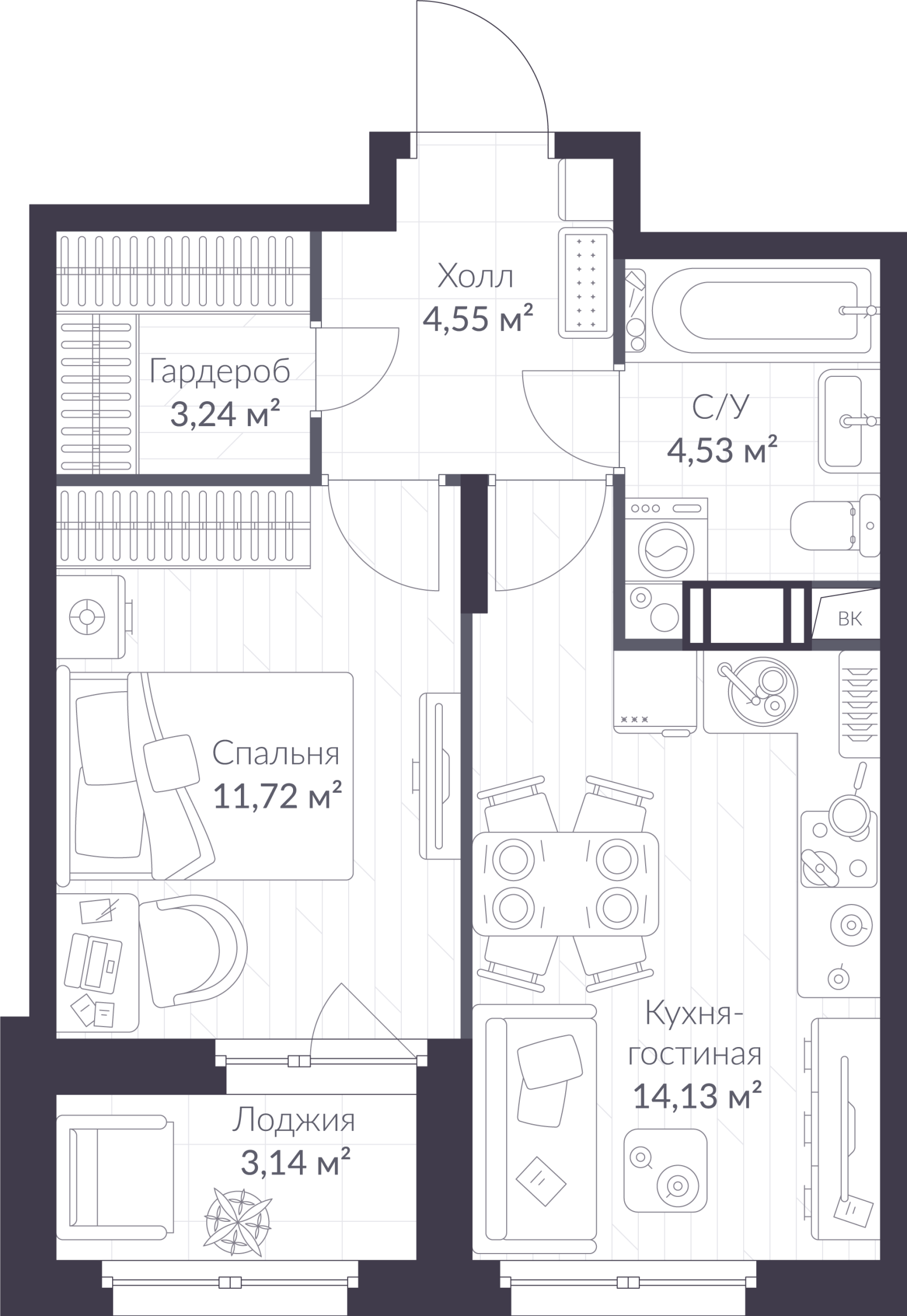 Планировка: 2-комнатная квартира, 39,7 м²