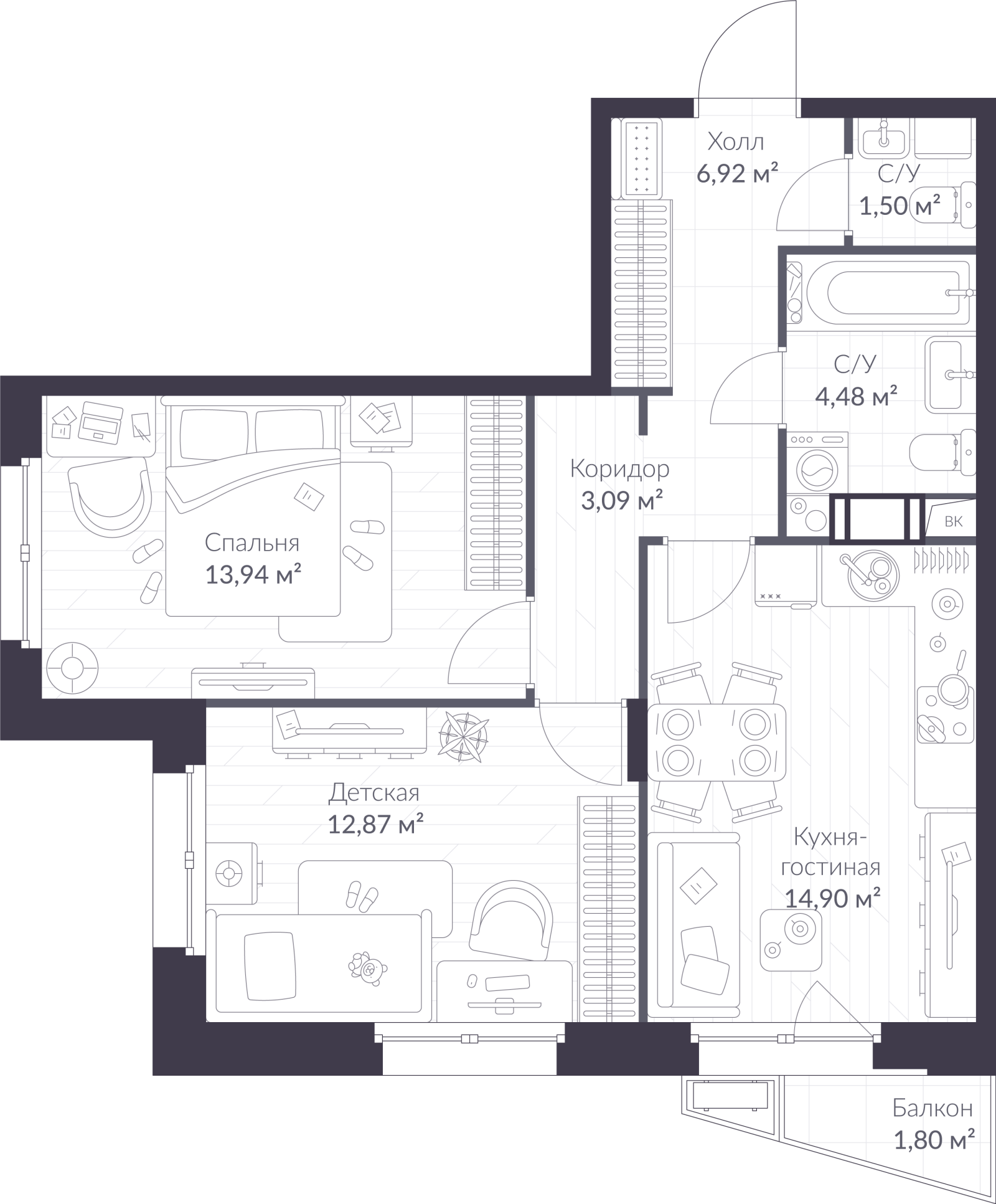 Планировка: 3-комнатная квартира, 58,2 м²