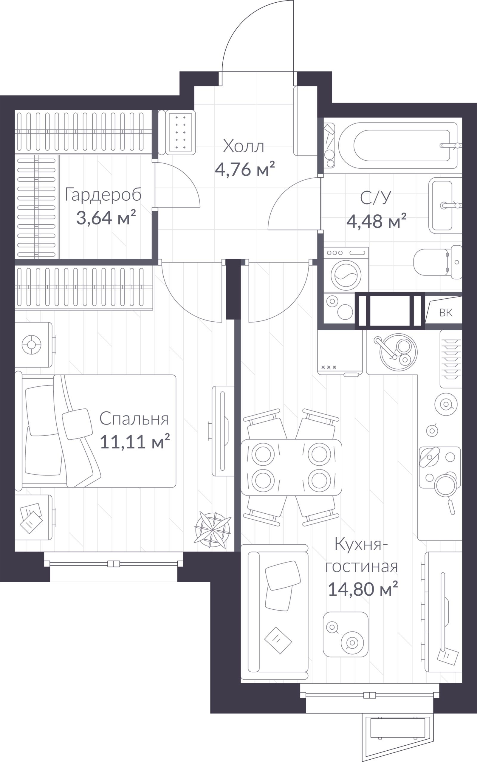 Планировка: 2-комнатная квартира, 38,8 м²