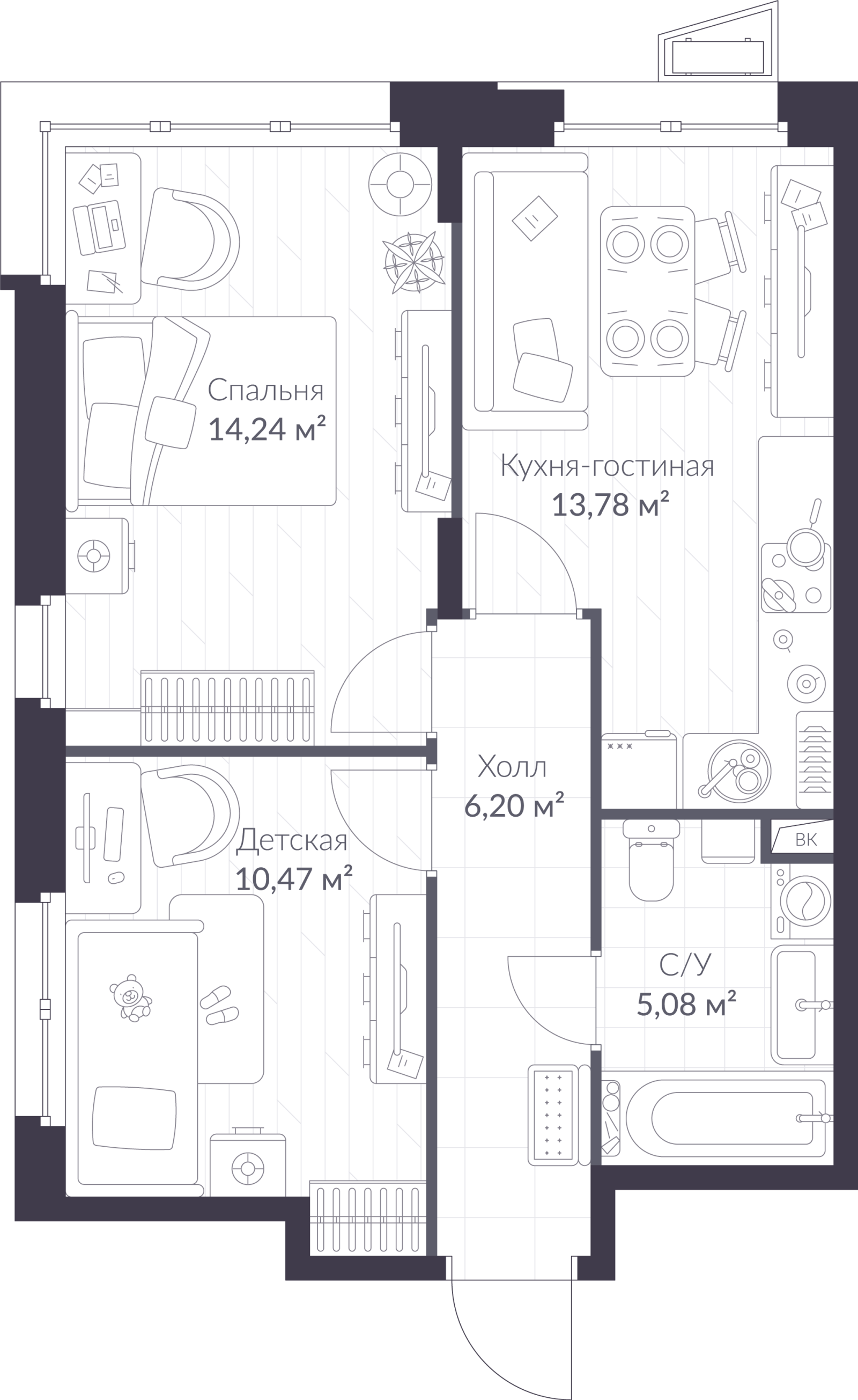 Планировка: 3-комнатная квартира, 49,8 м²