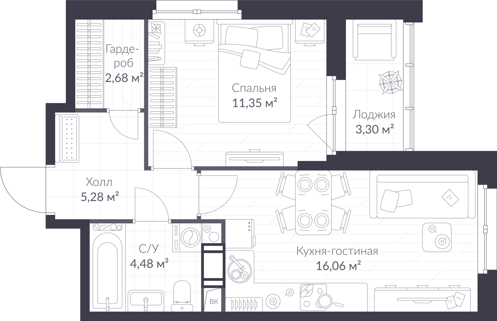 Планировка: 2-комнатная квартира, 41,5 м²