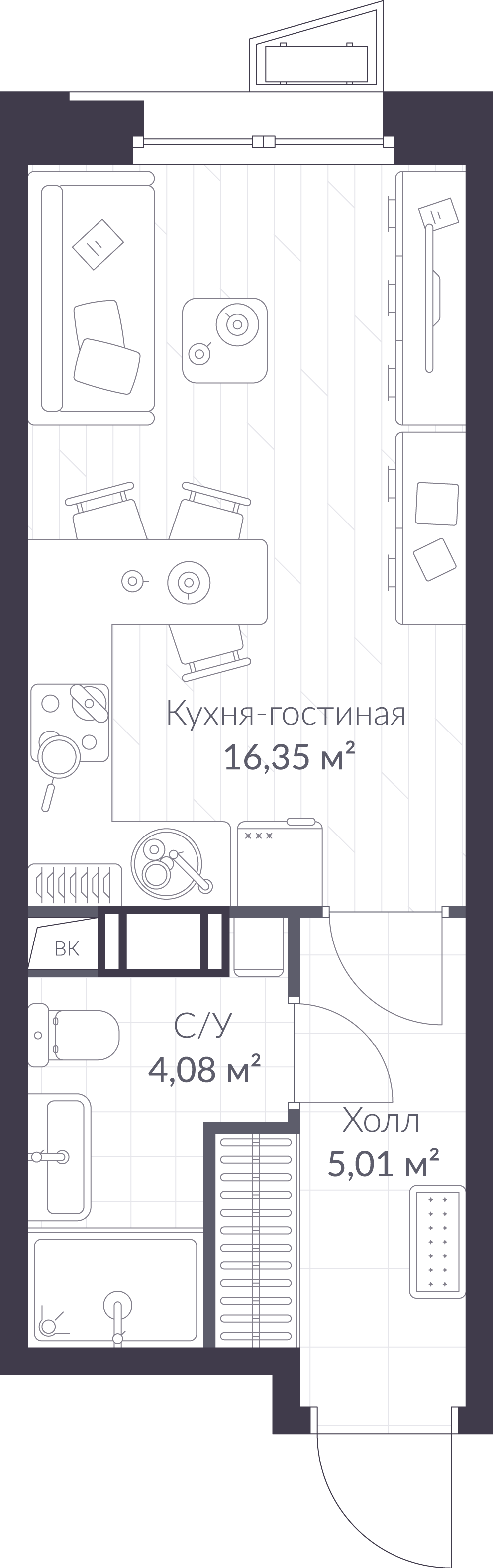 Планировка: студия, 25,4 м²