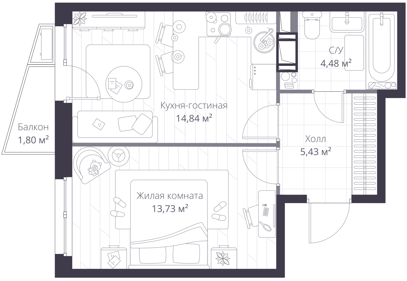 Планировка: 2-комнатная квартира, 39,2 м²
