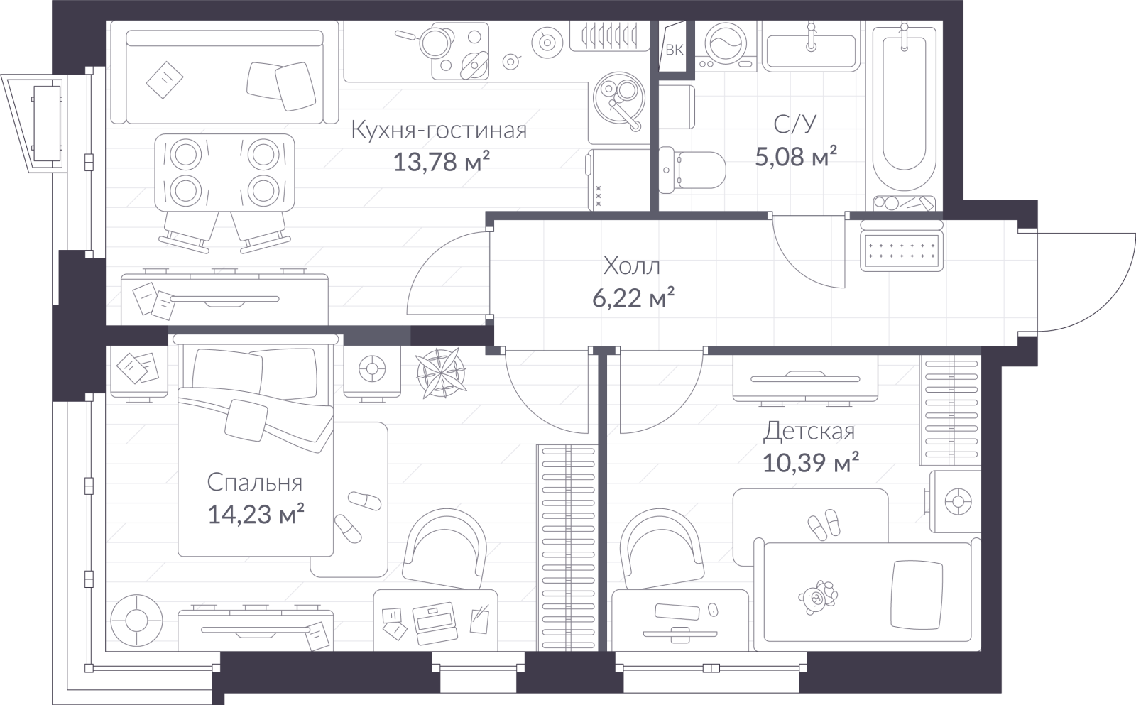 Планировка: 3-комнатная квартира, 49,7 м²