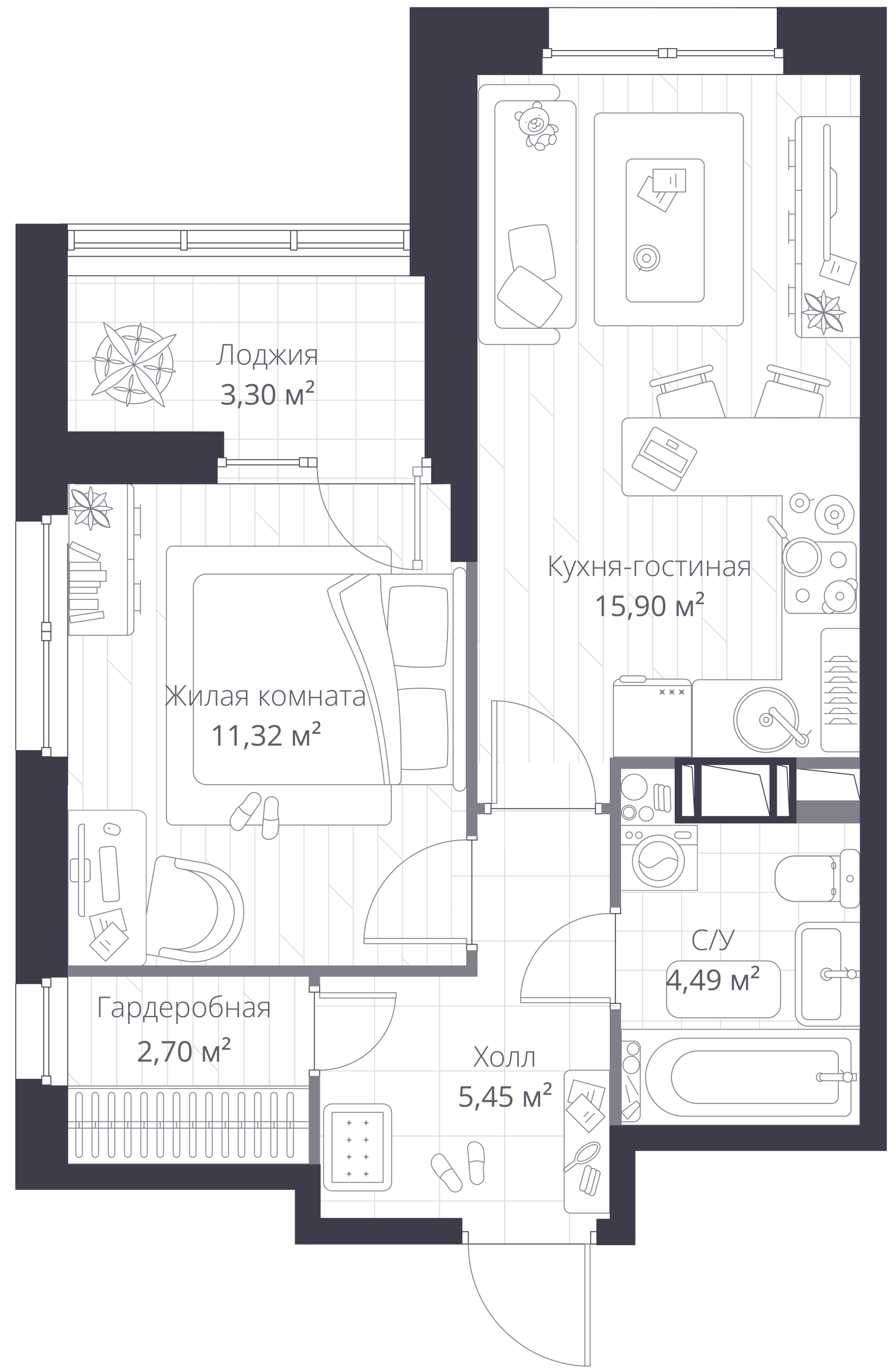 Планировка: 2-комнатная квартира, 41,8 м²