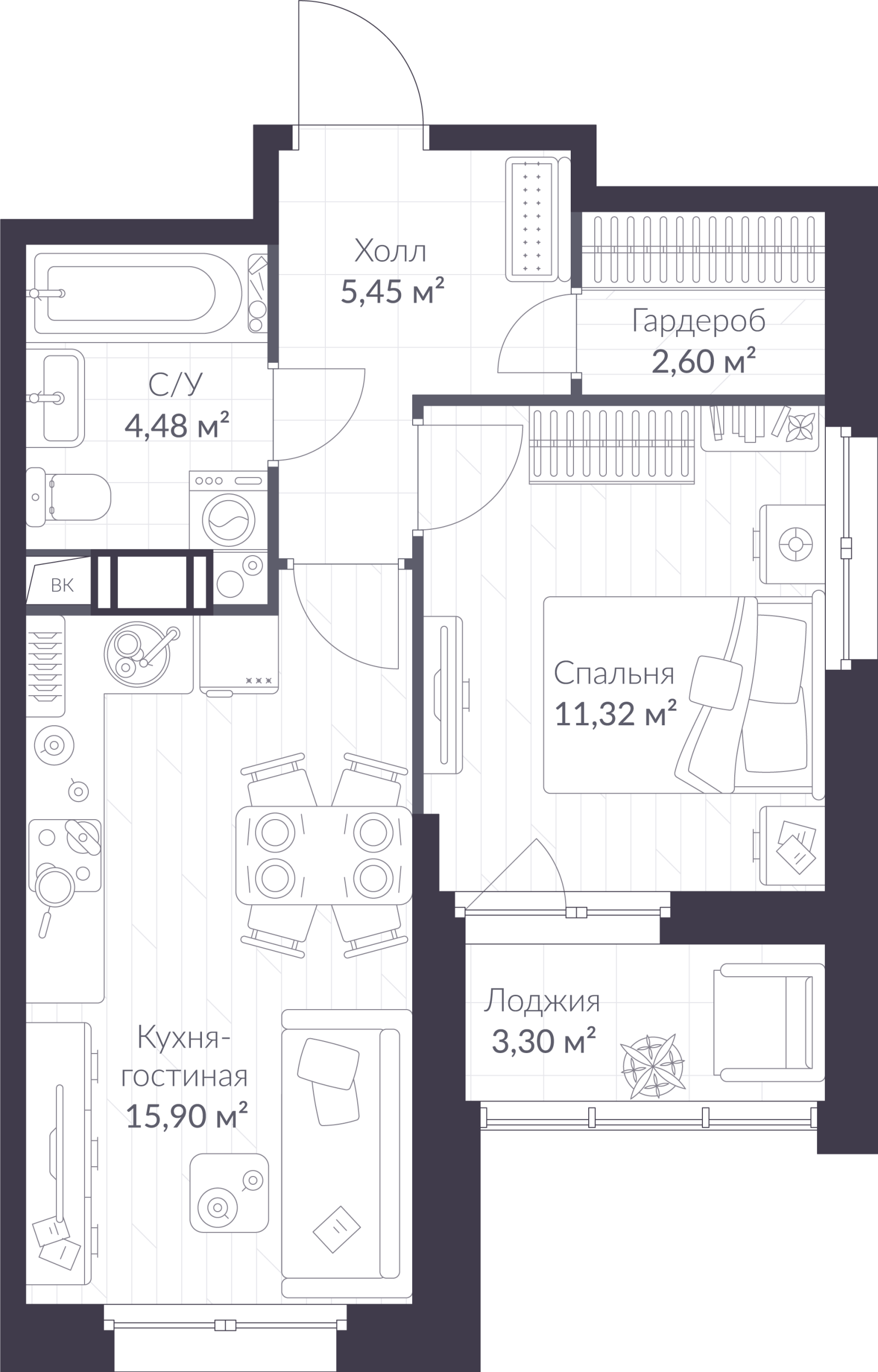 Планировка: 2-комнатная квартира, 41,4 м²
