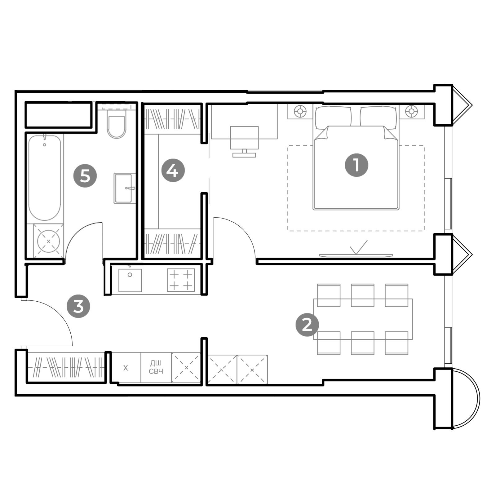 Планировка: 1-комнатная квартира, 43,9 м²