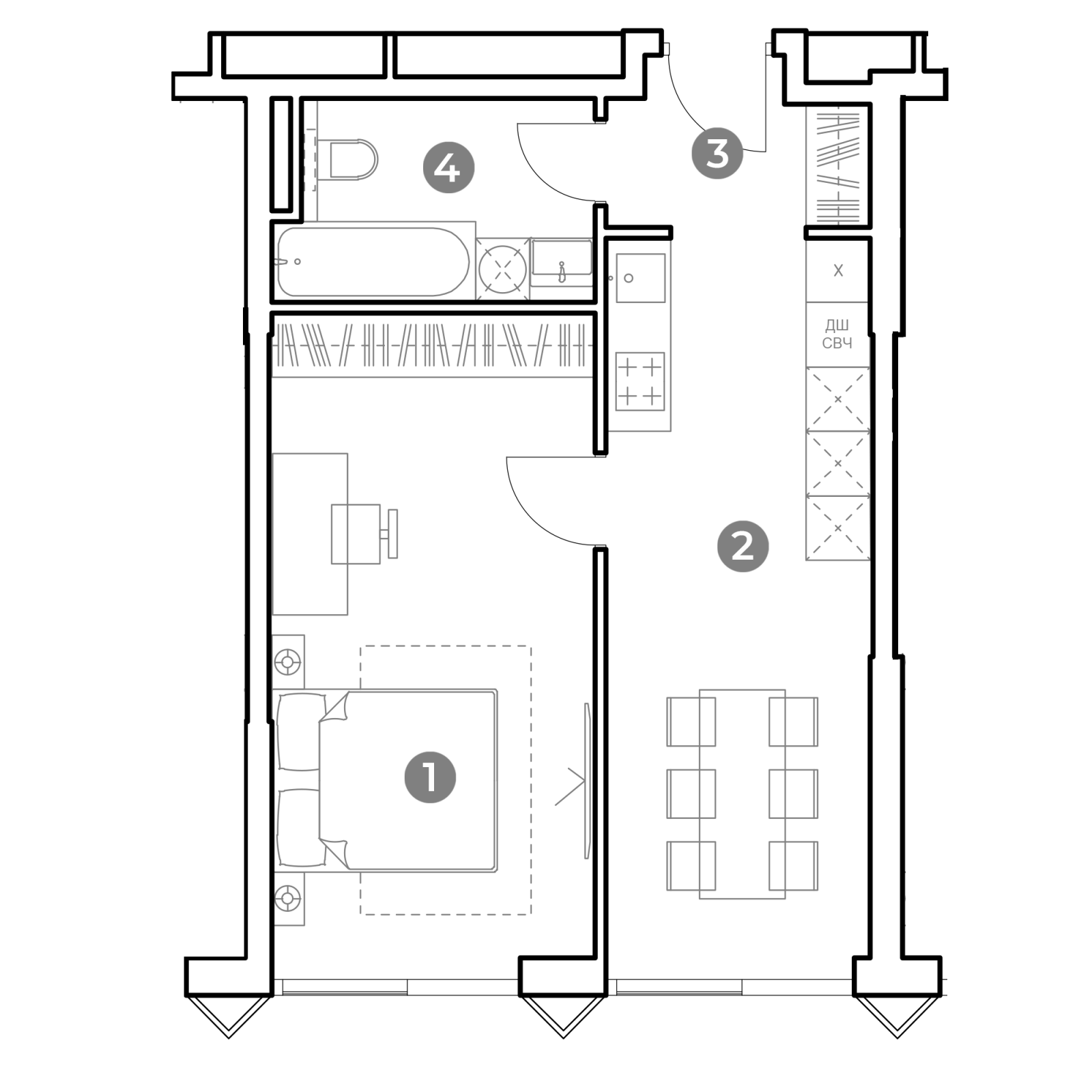 Планировка: 1-комнатная квартира, 44,9 м²